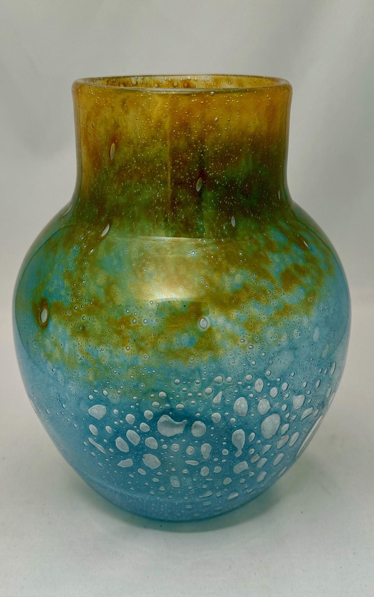Mid-20th Century Monart Green Yellow Glass Vase For Sale