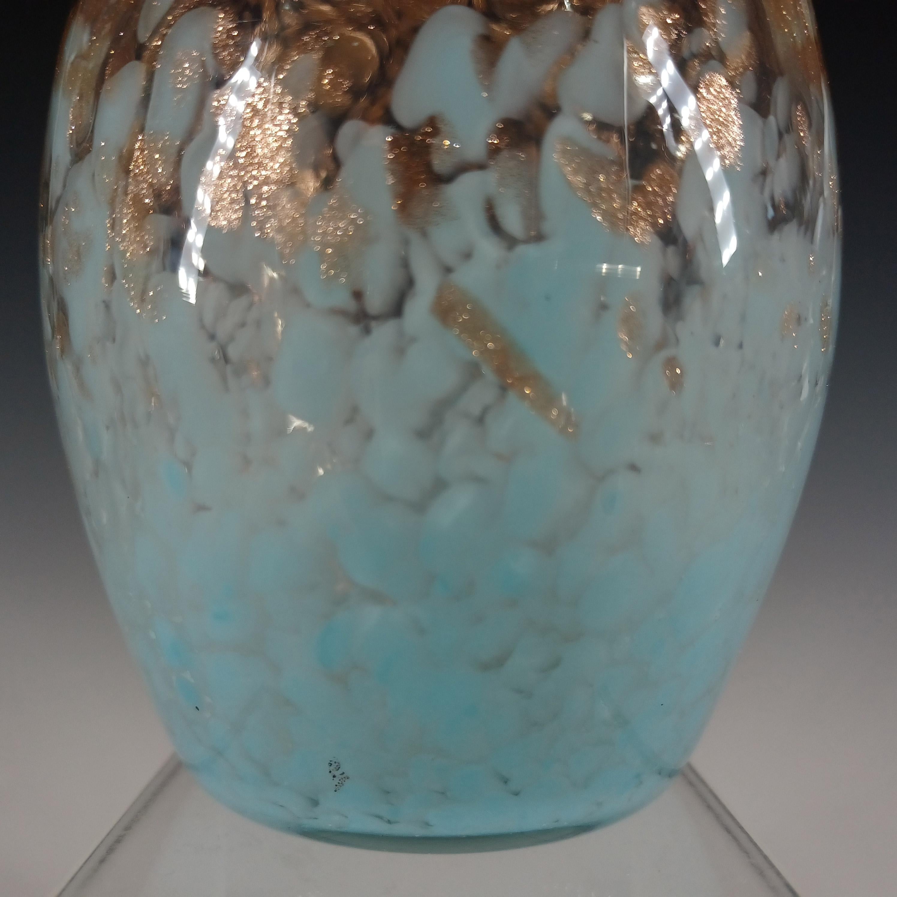 Mid-Century Modern Monart MF Pale Blue & Copper Aventurine Vintage Glass Vase For Sale