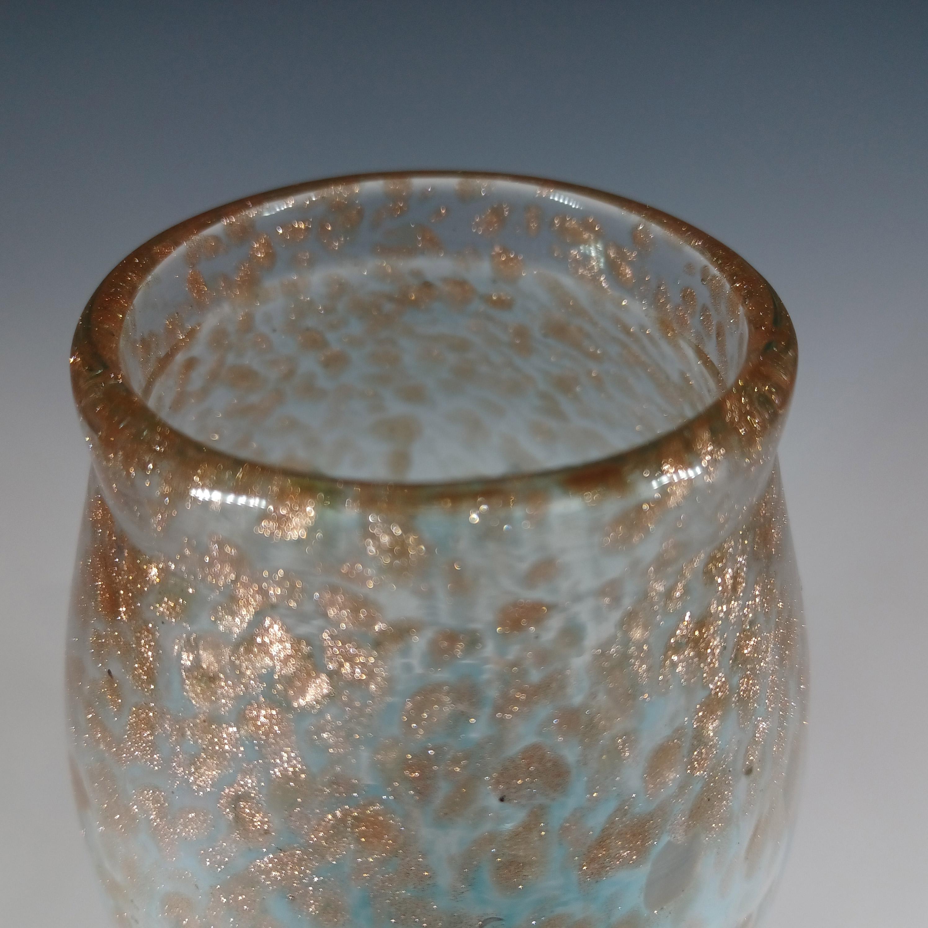 British Monart MF Pale Blue & Copper Aventurine Vintage Glass Vase For Sale