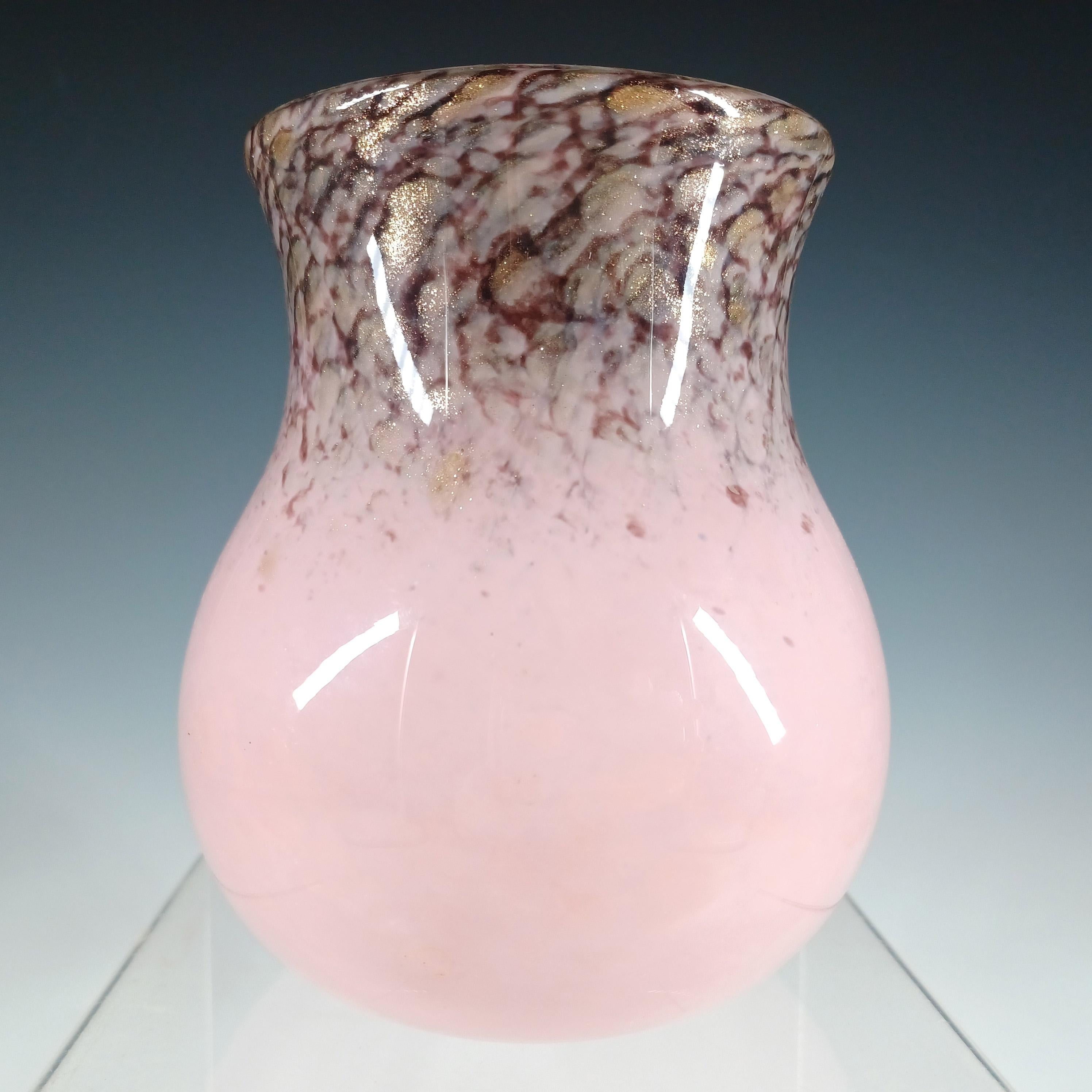 A Monart pink & black mottled glass vase with speckles of copper aventurine. Made by the Scottish Moncrieff's factory in the 1930's/40's, pattern number SA.IX. Breaking the pattern number down, SA is the shape number, and IX is the size (5 inch