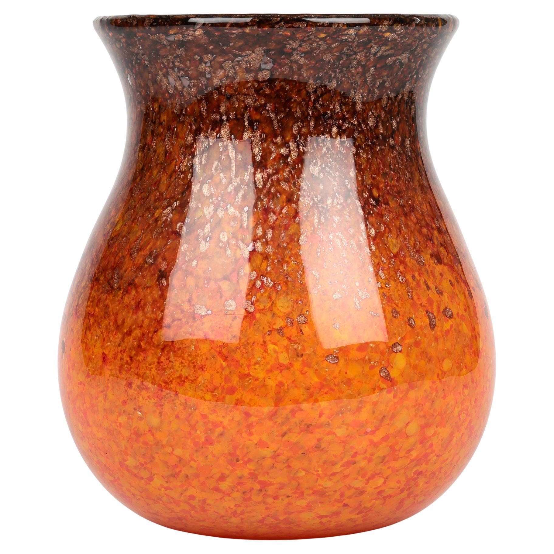 Monart Scottish Art Deco Large Orange & Brown Art Glass Vase