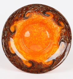 Bol en verre d'art écossais Art Déco orange et marron Monart