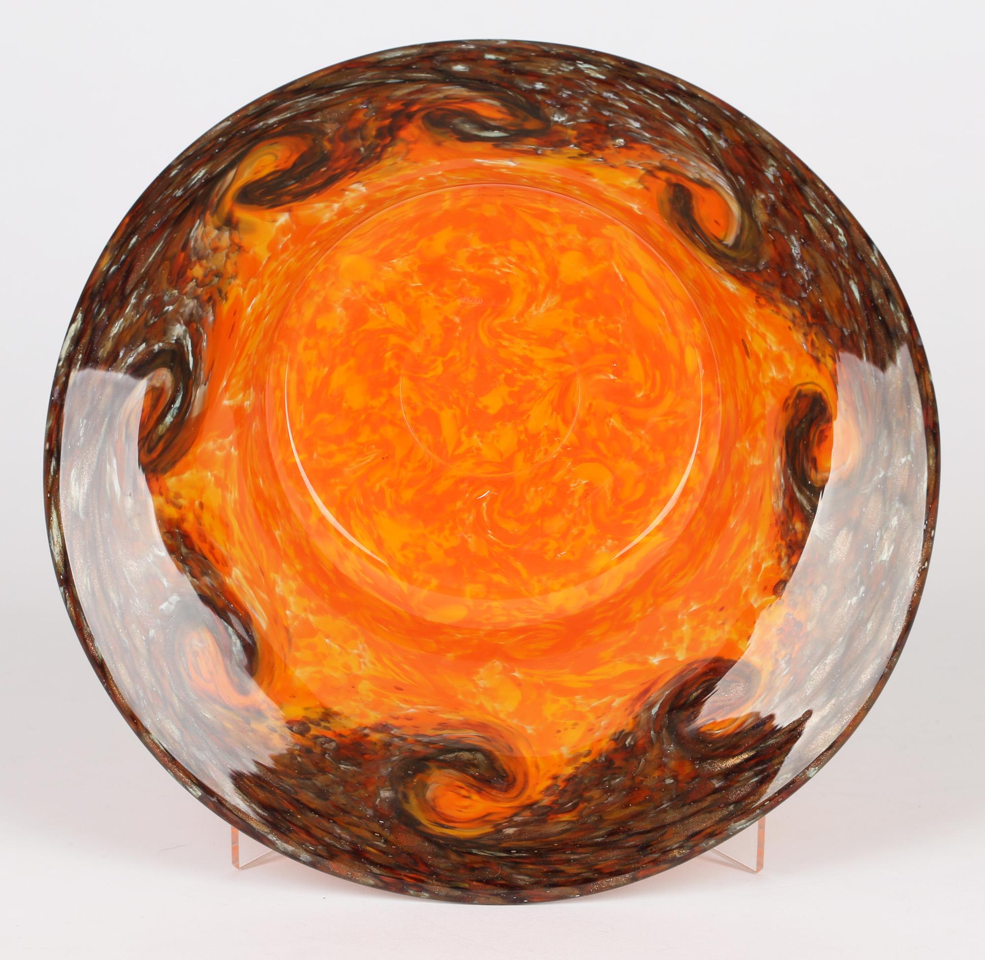 20th Century Monart Scottish Art Deco Orange and Brown Art Glass Bowl For Sale