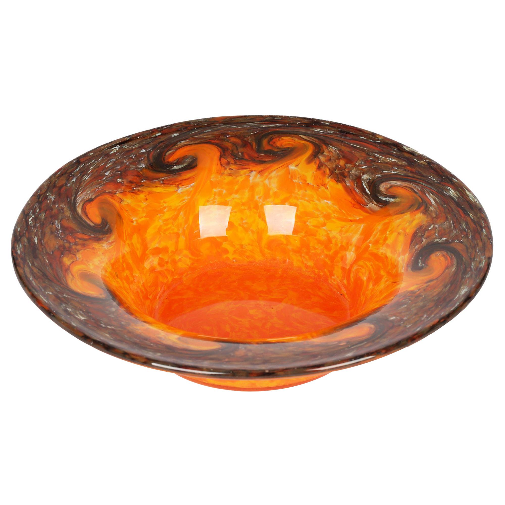 Monart Schottische Art-Déco-Schale aus orangefarbenem und braunem Kunstglas im Angebot