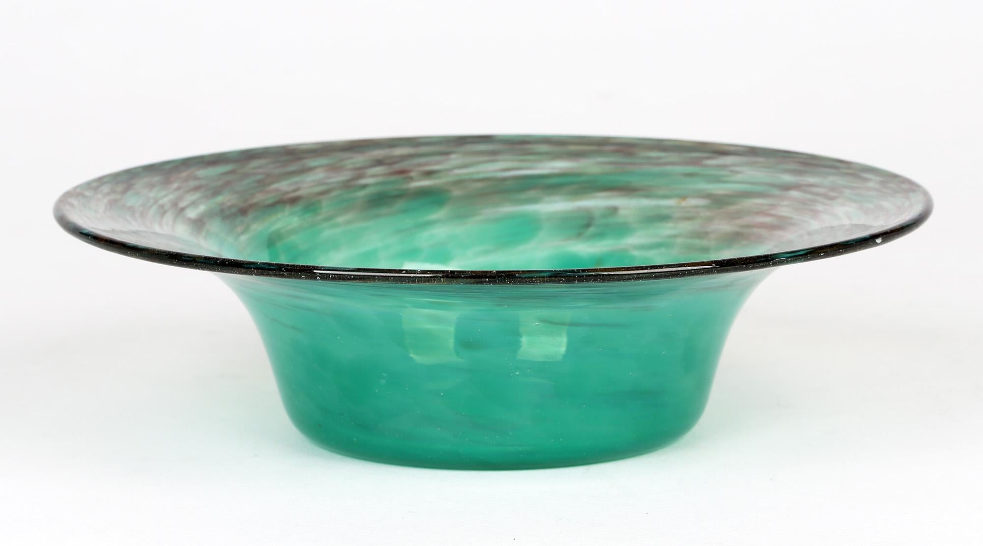 Monart Scottish Art Deco Turquoise And Gold Aventurine Art Glass Bowl For Sale 1