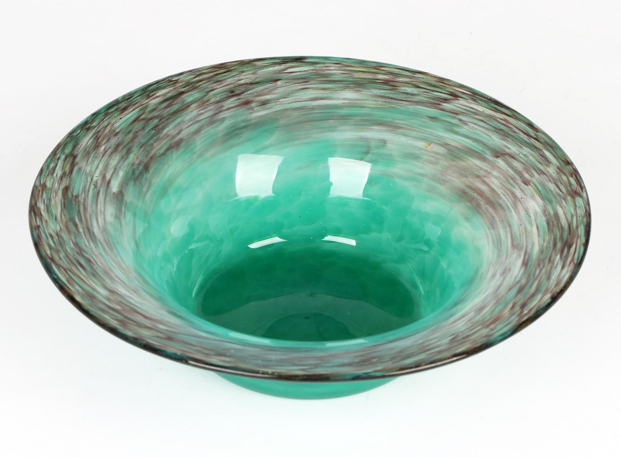 Hand-Crafted Monart Scottish Art Deco Turquoise And Gold Aventurine Art Glass Bowl For Sale