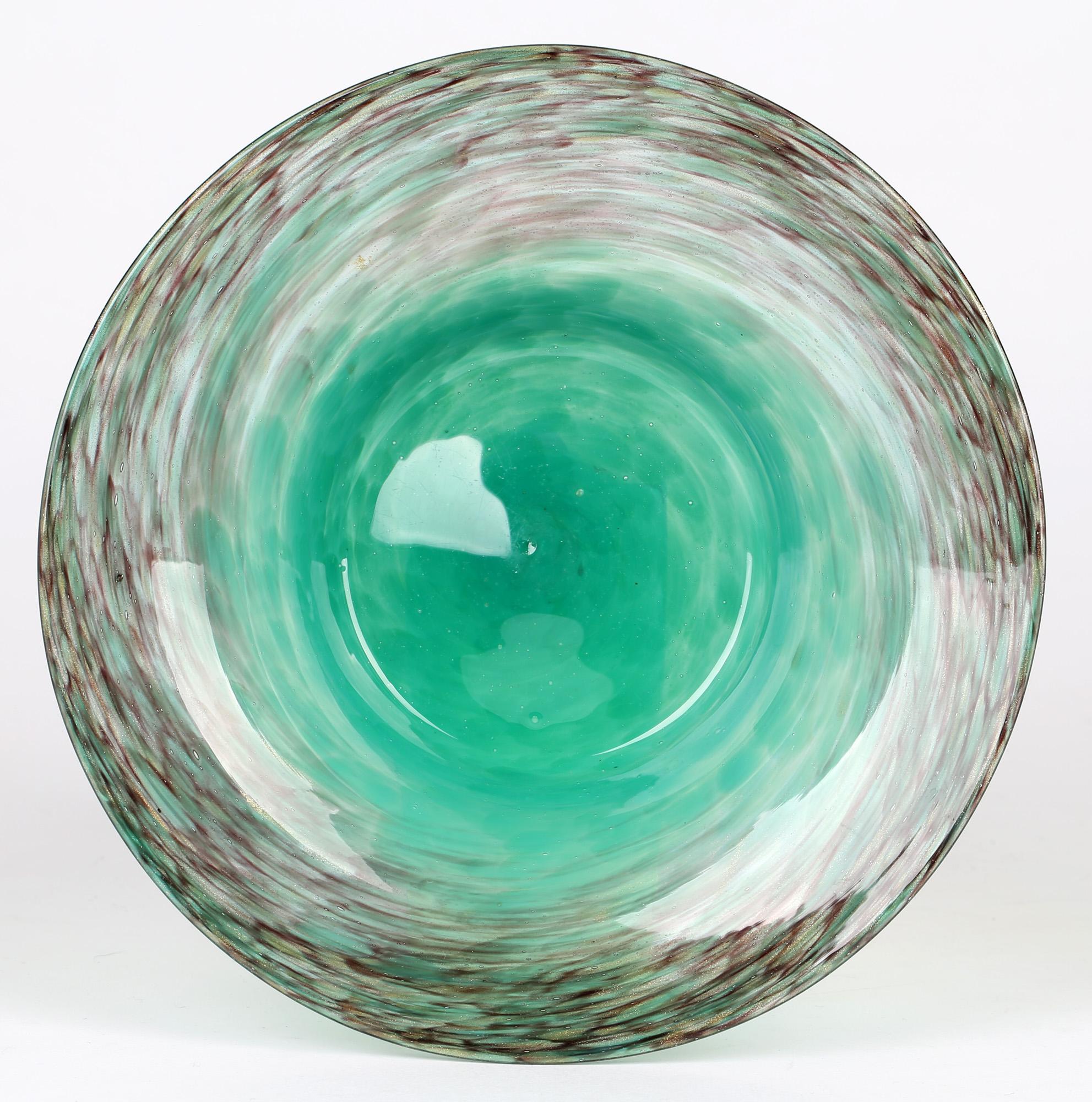 Mid-20th Century Monart Scottish Art Deco Turquoise And Gold Aventurine Art Glass Bowl For Sale