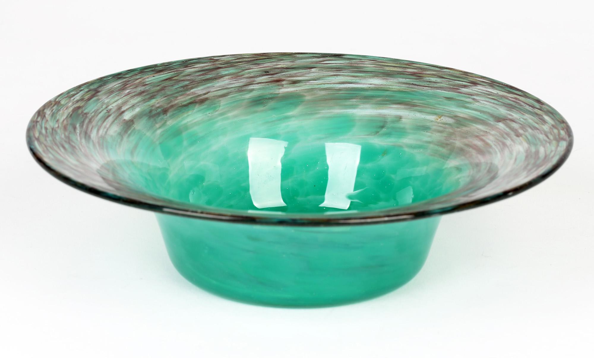 Blown Glass Monart Scottish Art Deco Turquoise And Gold Aventurine Art Glass Bowl For Sale