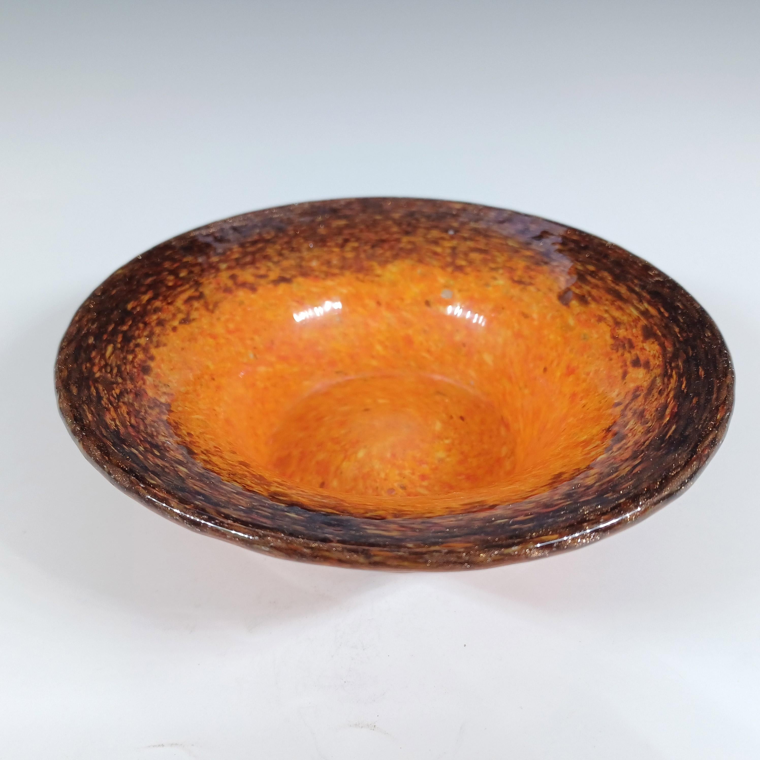 Hand-Crafted Monart UB Orange, Black & Copper Aventurine Vintage Glass Bowl For Sale