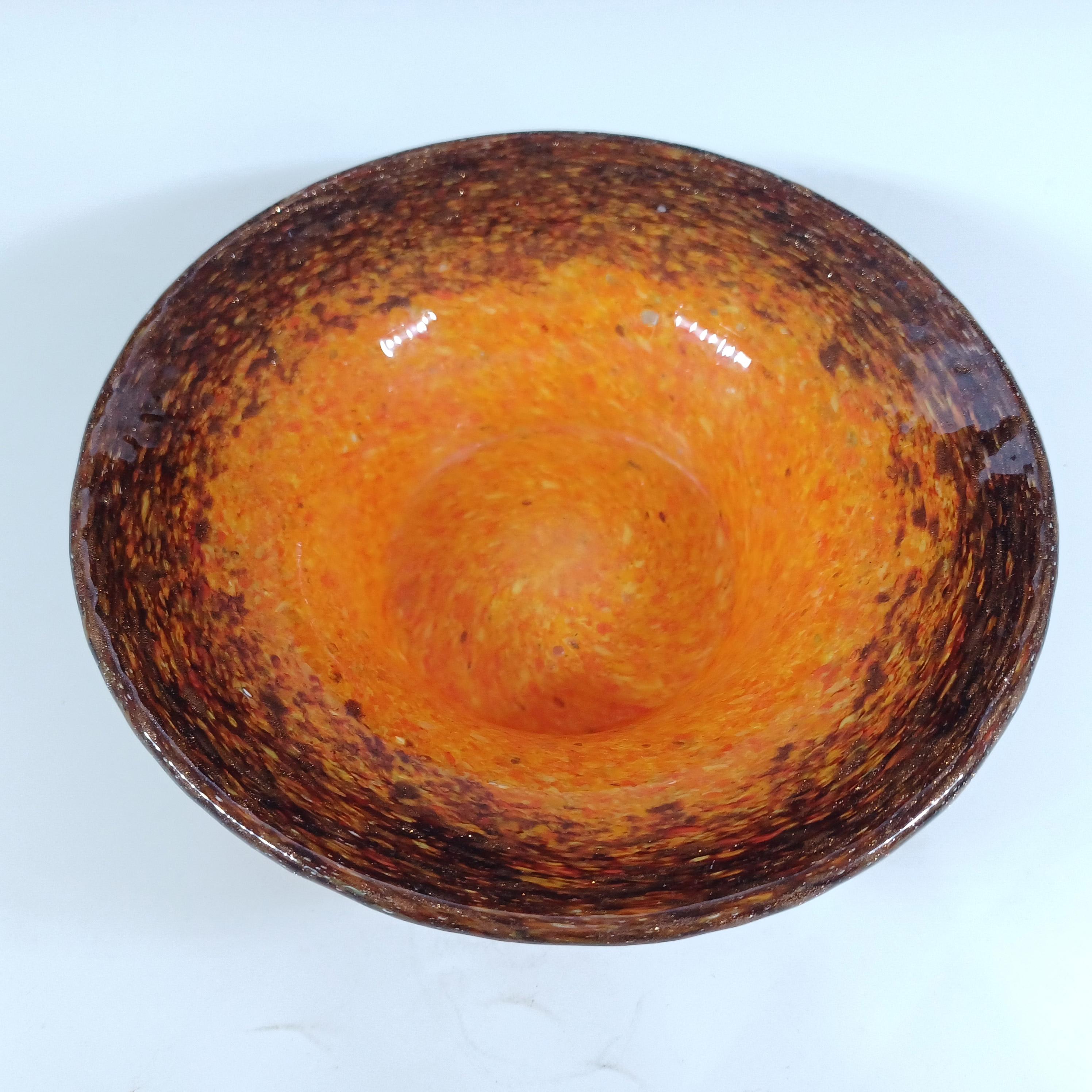 Mid-20th Century Monart UB Orange, Black & Copper Aventurine Vintage Glass Bowl For Sale