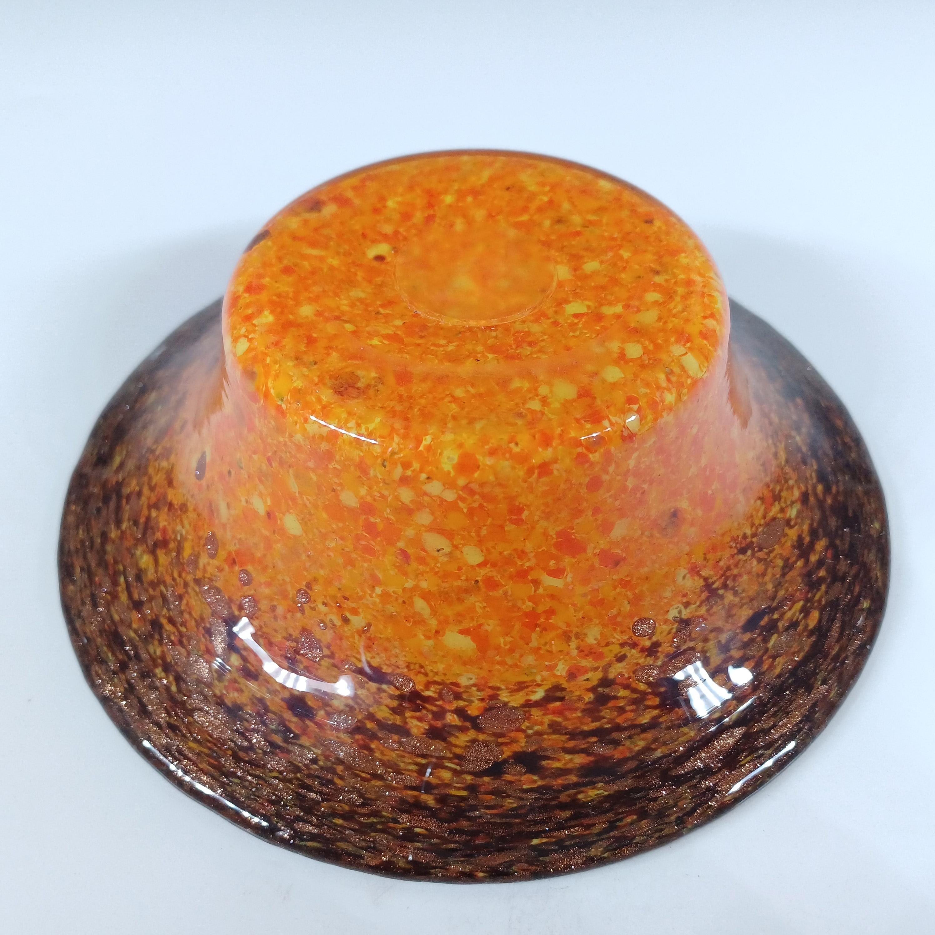 Monart UB Orange, Black & Copper Aventurine Vintage Glass Bowl For Sale 1