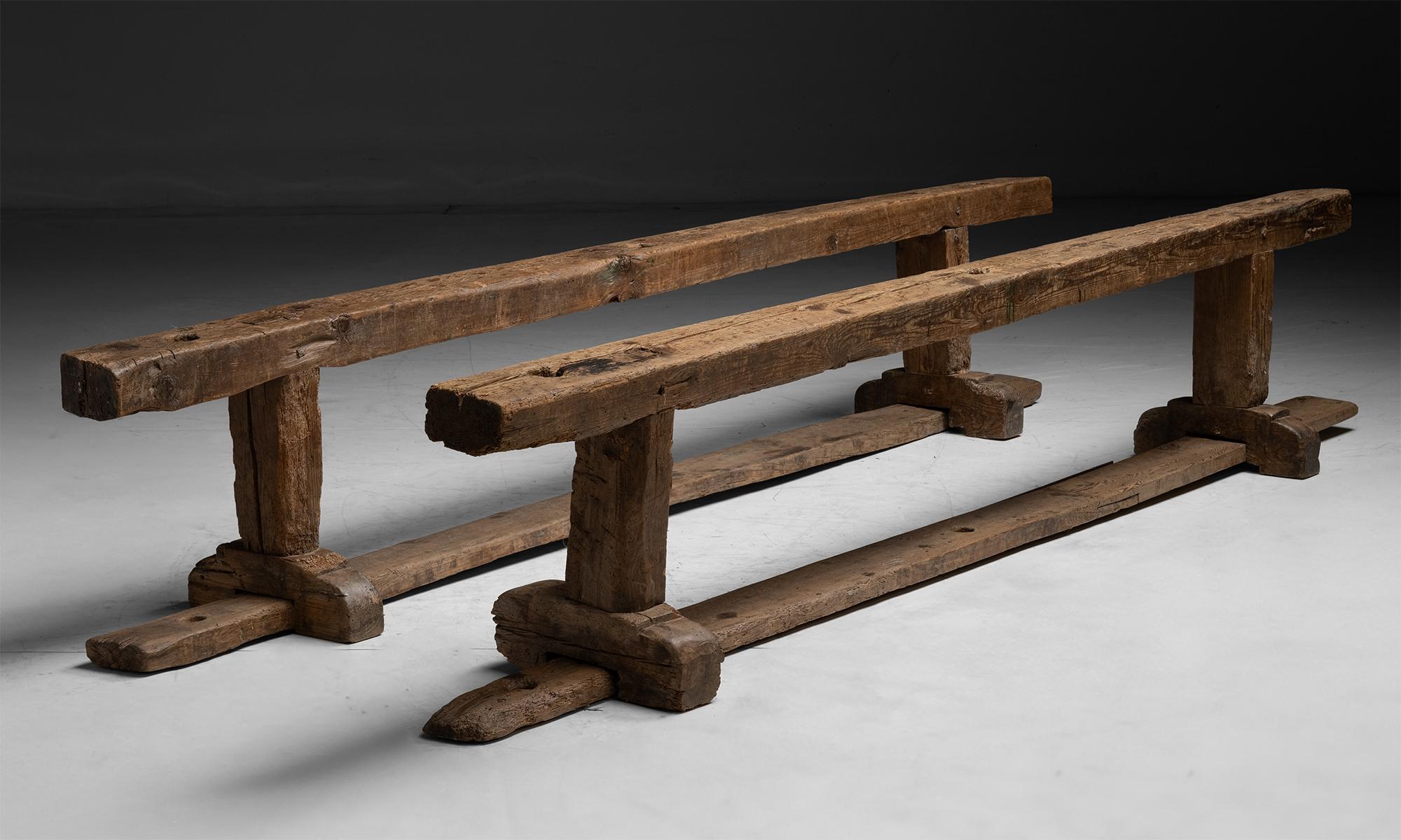 Monastery Benches
France circa 1880
Primitive Trestle benches with stretchers and weathered surface.
111.25