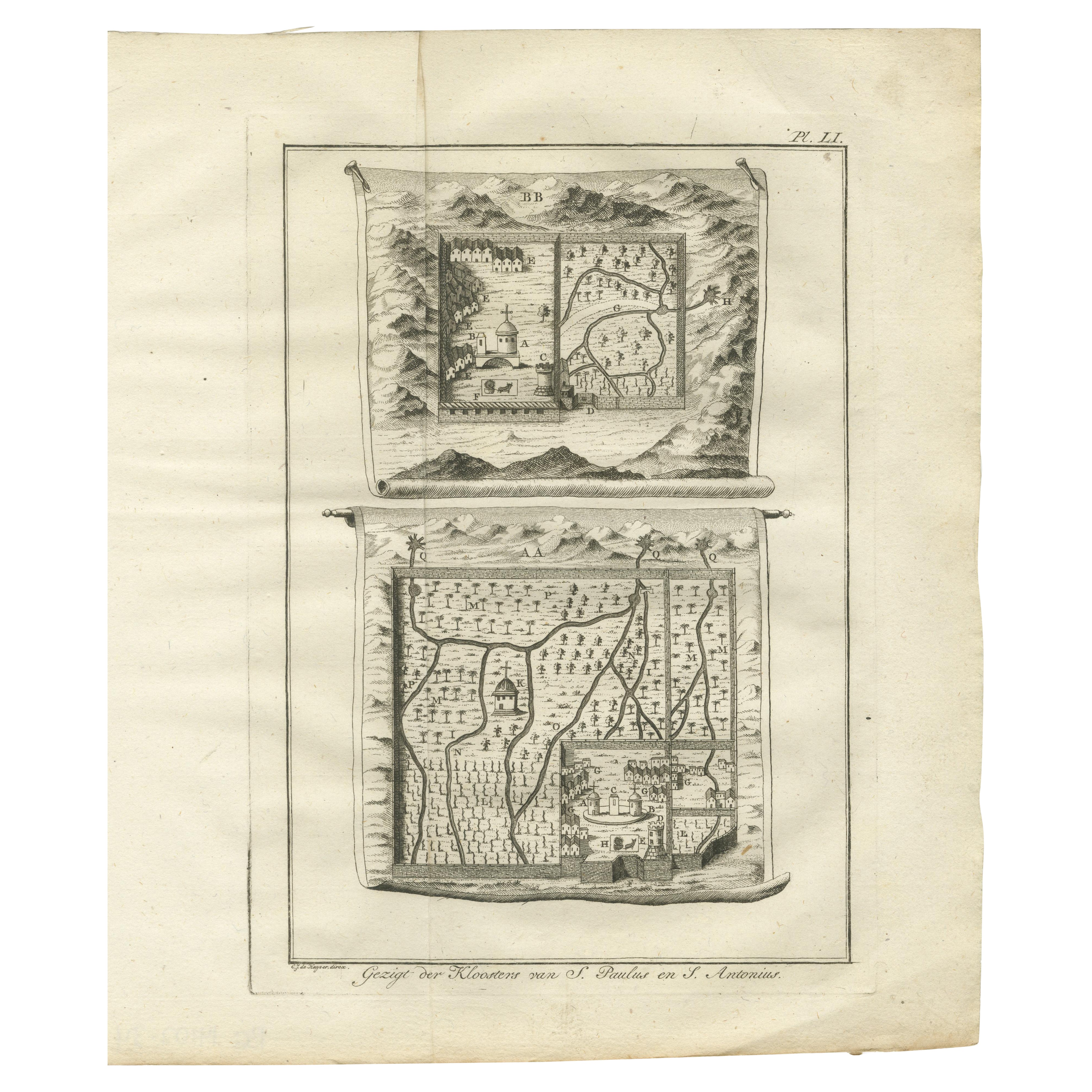 Mapas de los monasterios de San Pablo y San Antonio en el desierto egipcio - c.1776