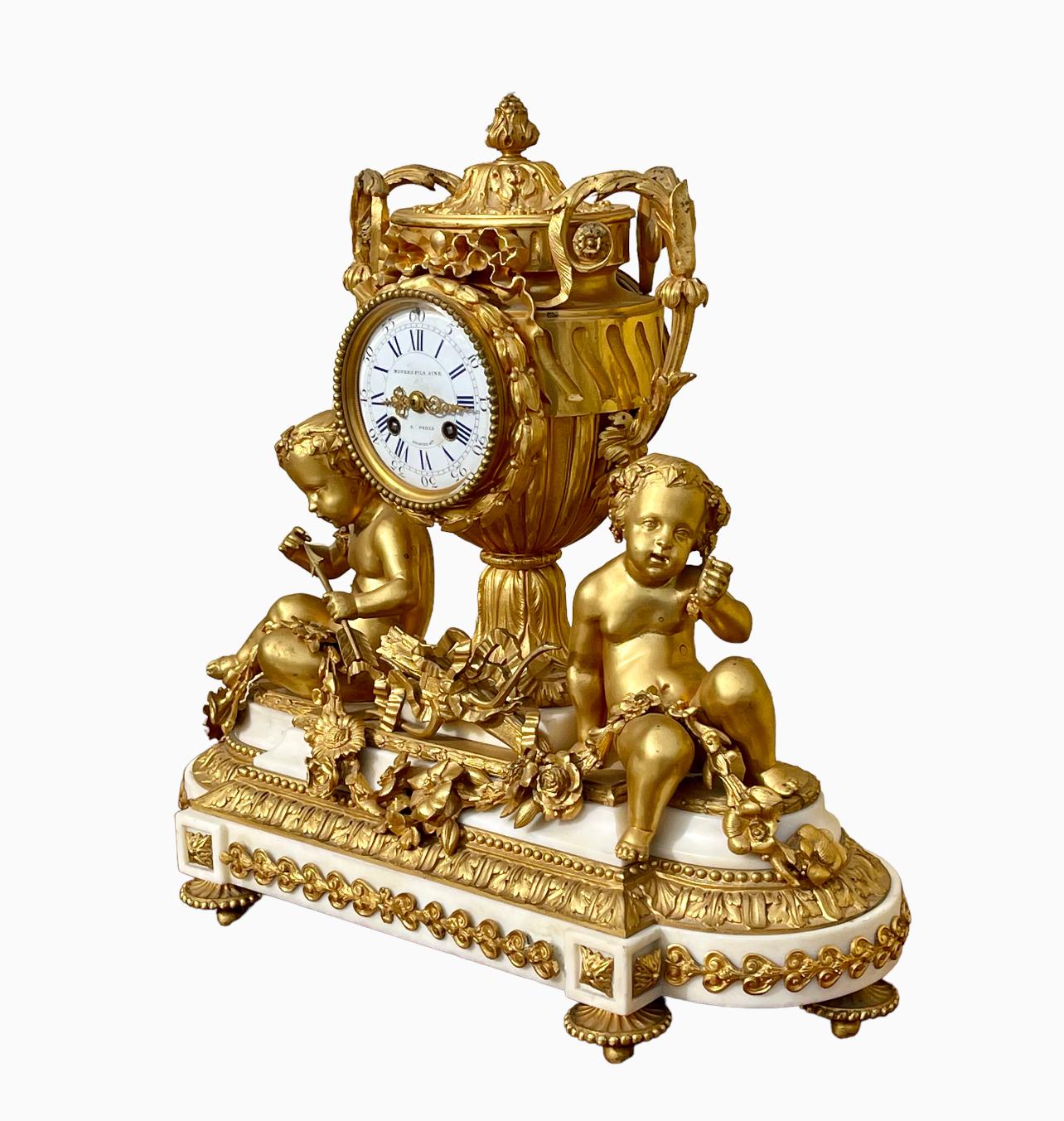 MONBRO Aîné Son & JACQUIER - Bronze and Marble Clock with Puttis, XIXth century In Good Condition For Sale In Beaune, FR