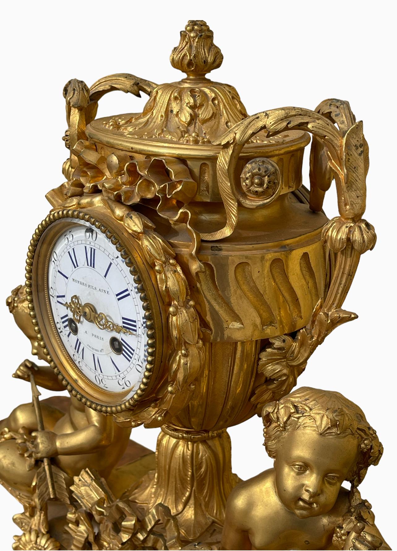 MONBRO Aîné Son & JACQUIER - Bronze and Marble Clock with Puttis, XIXth century For Sale 3