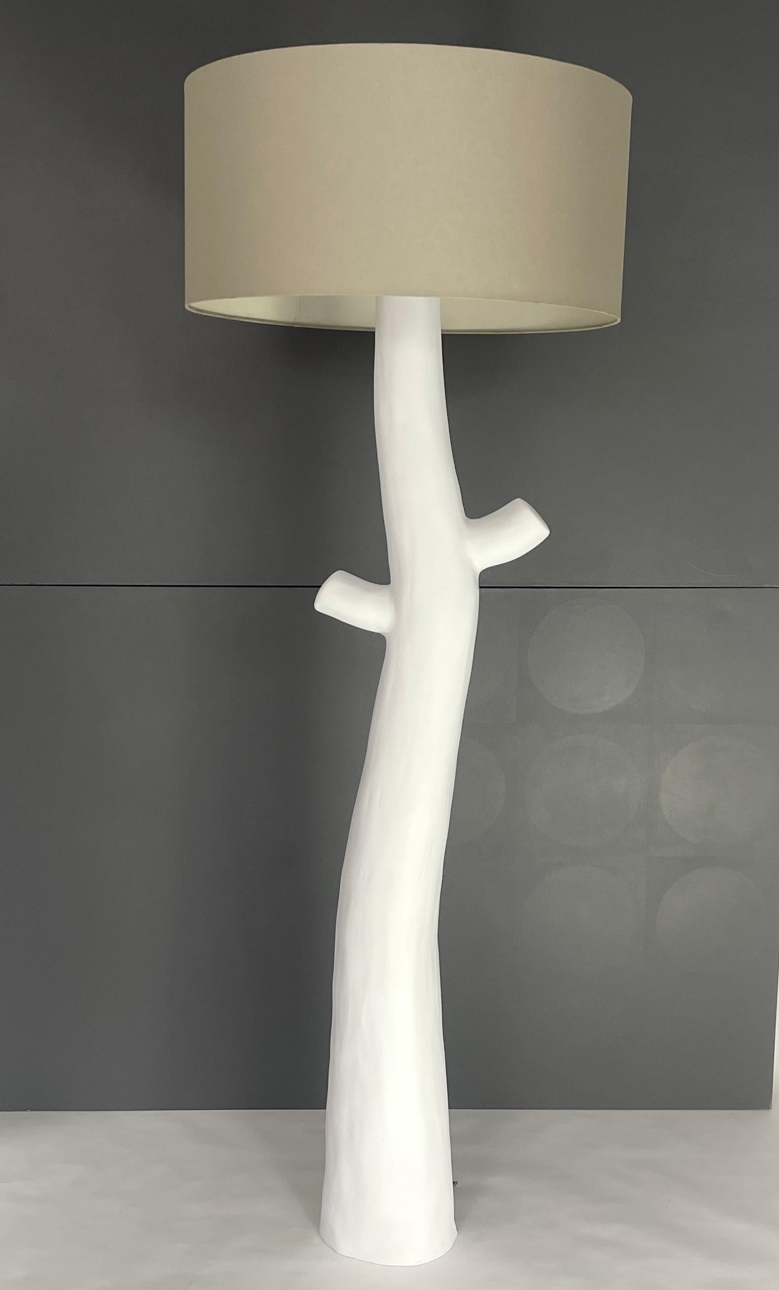 Plaster of Paris floor lamp based on 1940s French Design. Linen Drum Shade. Dimensions: 14