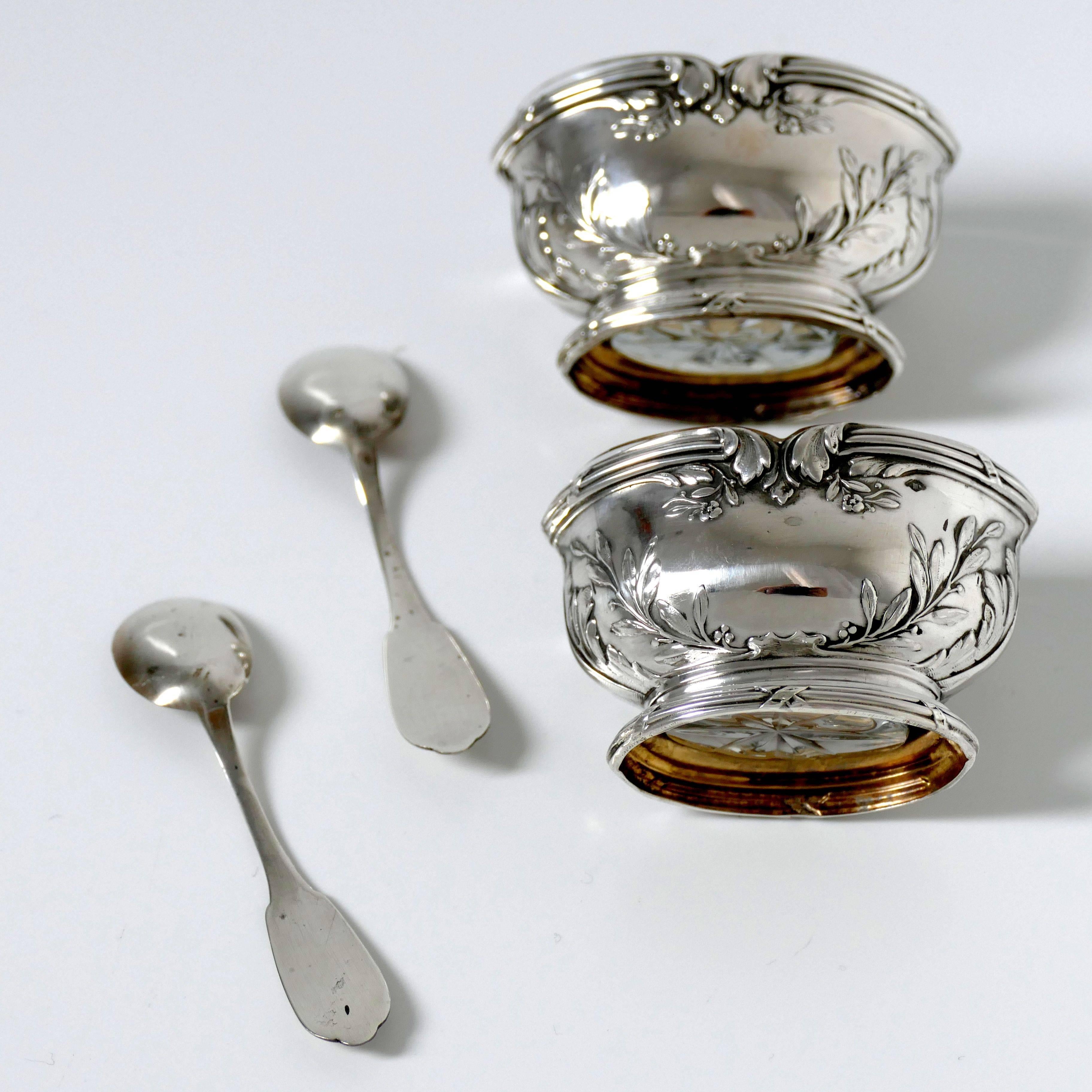 Moncheront French Sterling Silver 18-Karat Gold Salt Cellars Pair, Spoons, Box 1