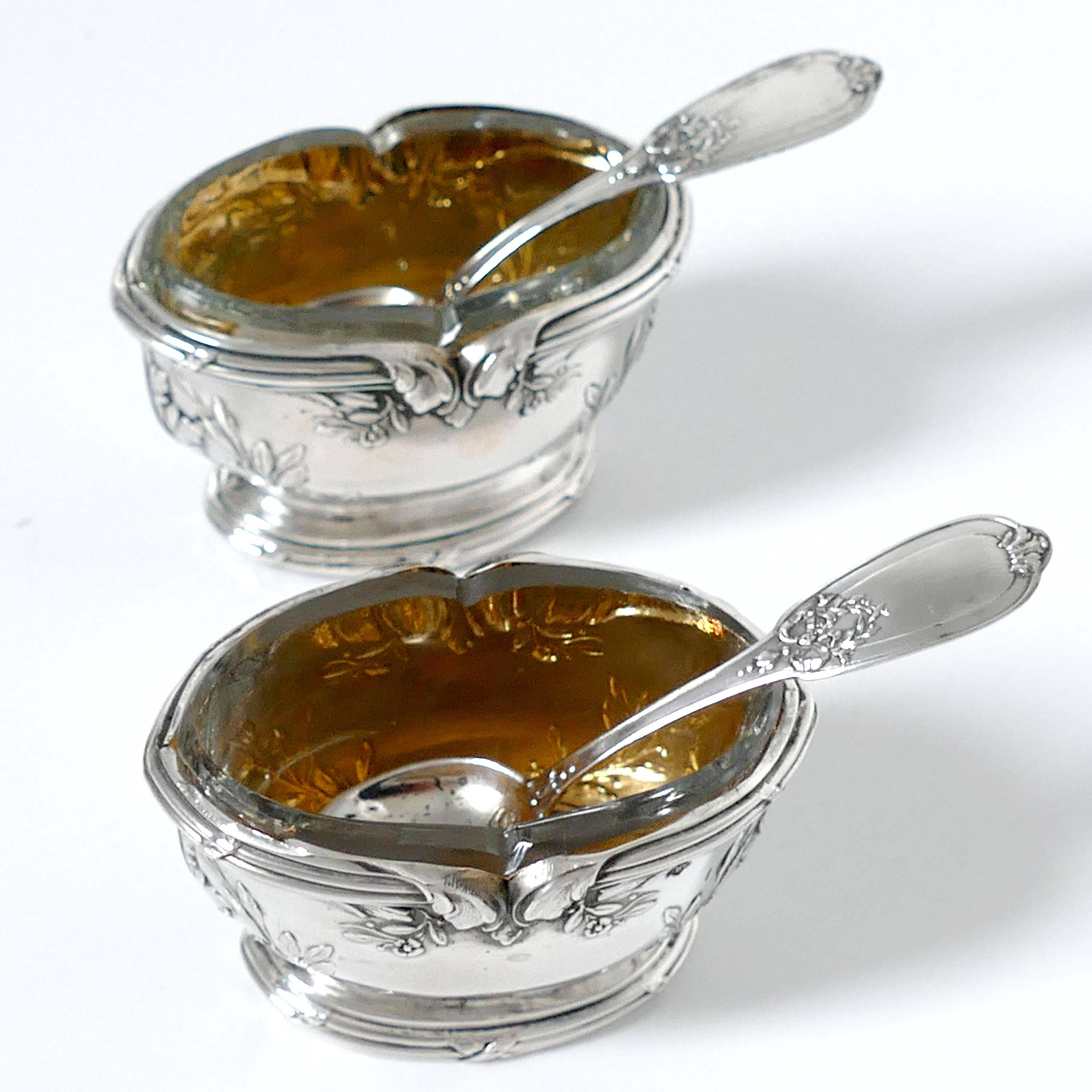 Moncheront French Sterling Silver 18-Karat Gold Salt Cellars Pair, Spoons, Box 2