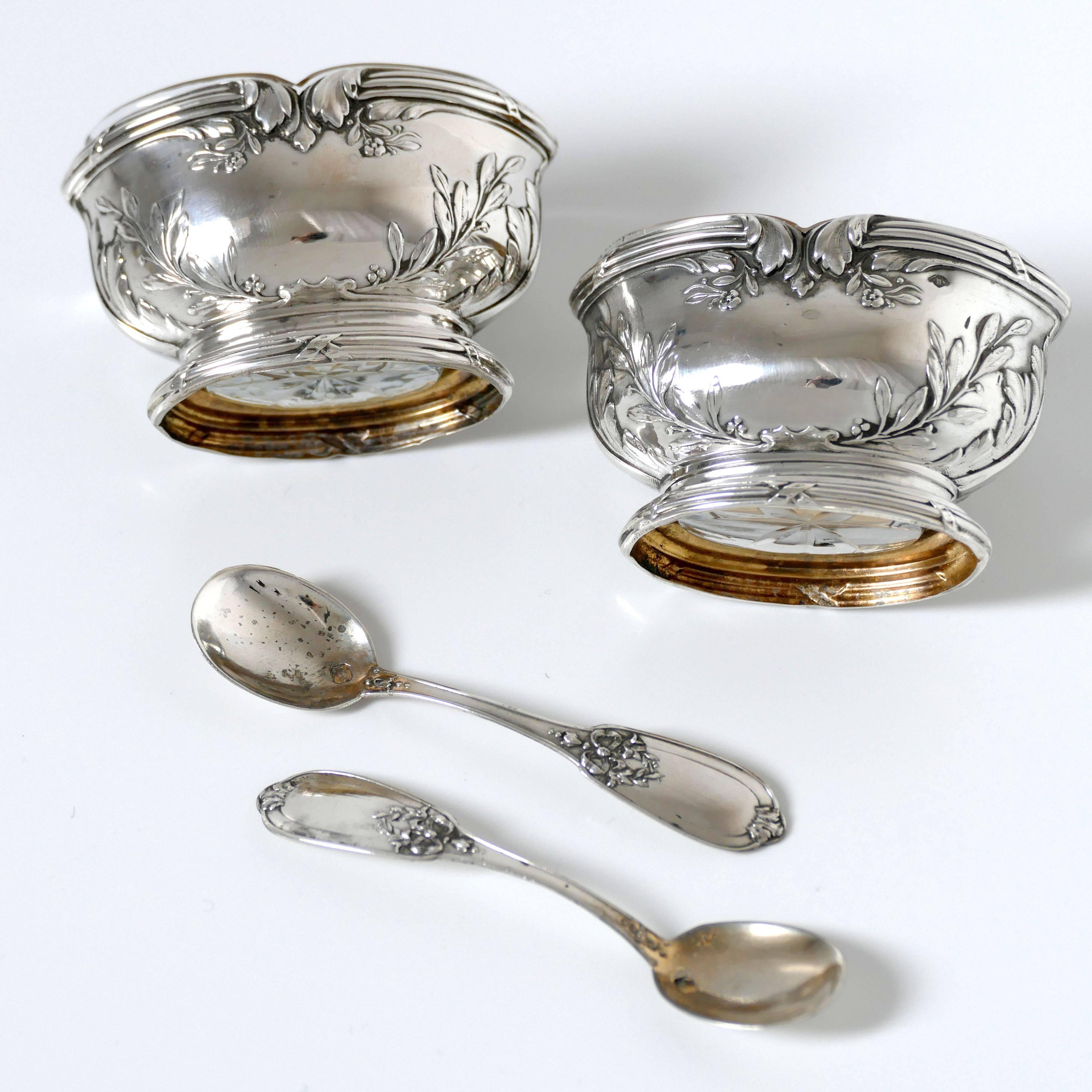 Moncheront French Sterling Silver 18-Karat Gold Salt Cellars Pair, Spoons, Box 3