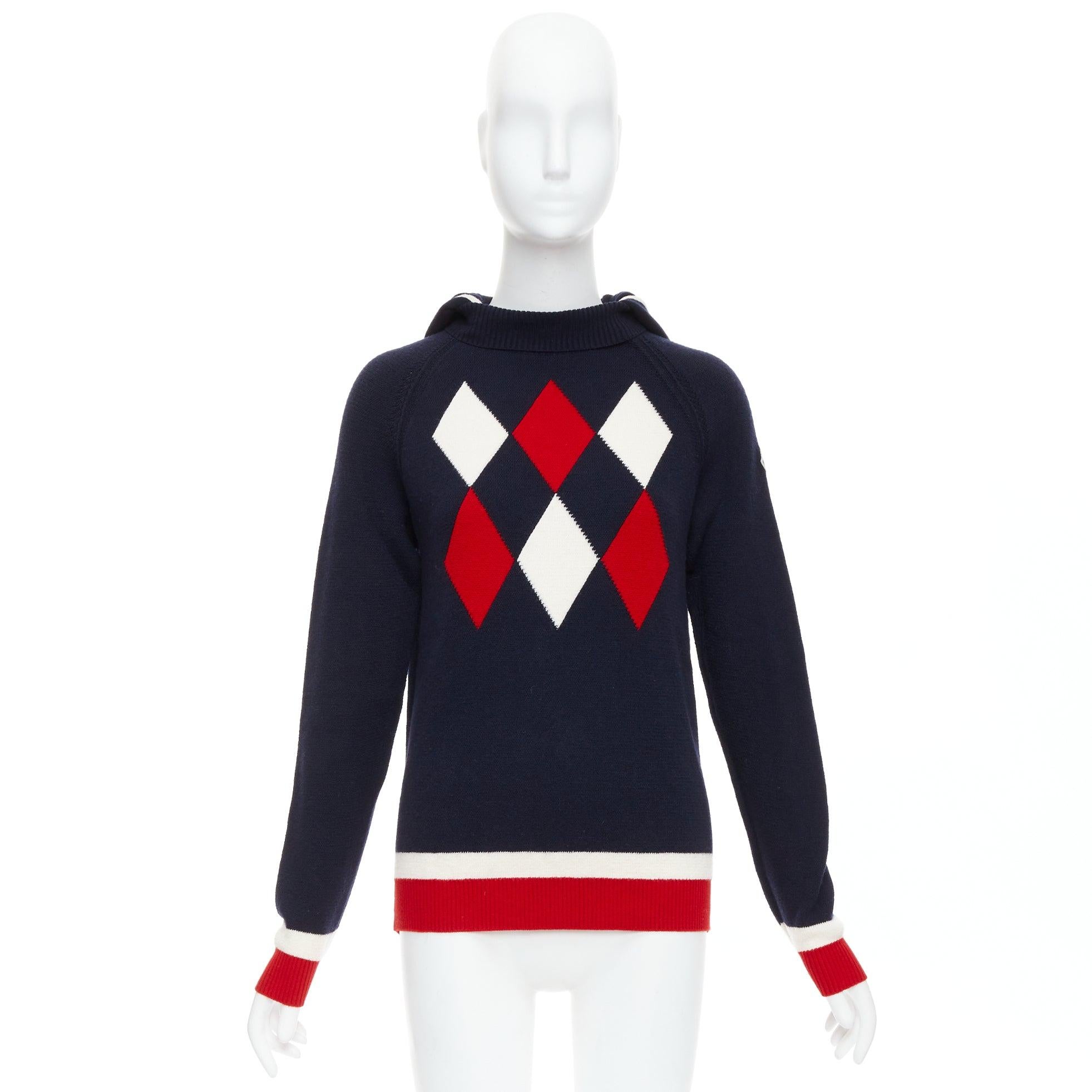 Moncler 2017 rouge navy white wool argyle turtleneck sweater top XS en vente 4
