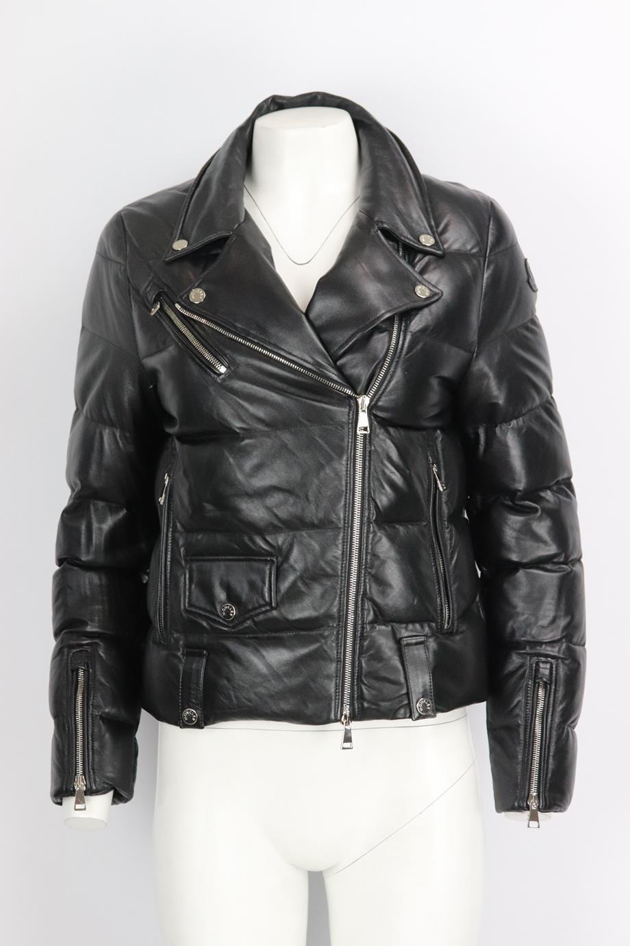 Moncler Adib quilted leather biker jacket. Black. Long sleeve, v-neck. Zip fastening at front. 100% Leather; lining: 100% Polyamide. Size: 1 (UK 8, US 4, FR 36, IT 40). Shoulder to shoulder: 15 in. Bust: 36 in. Waist: 36 in. Hips: 37 in. Length: 23