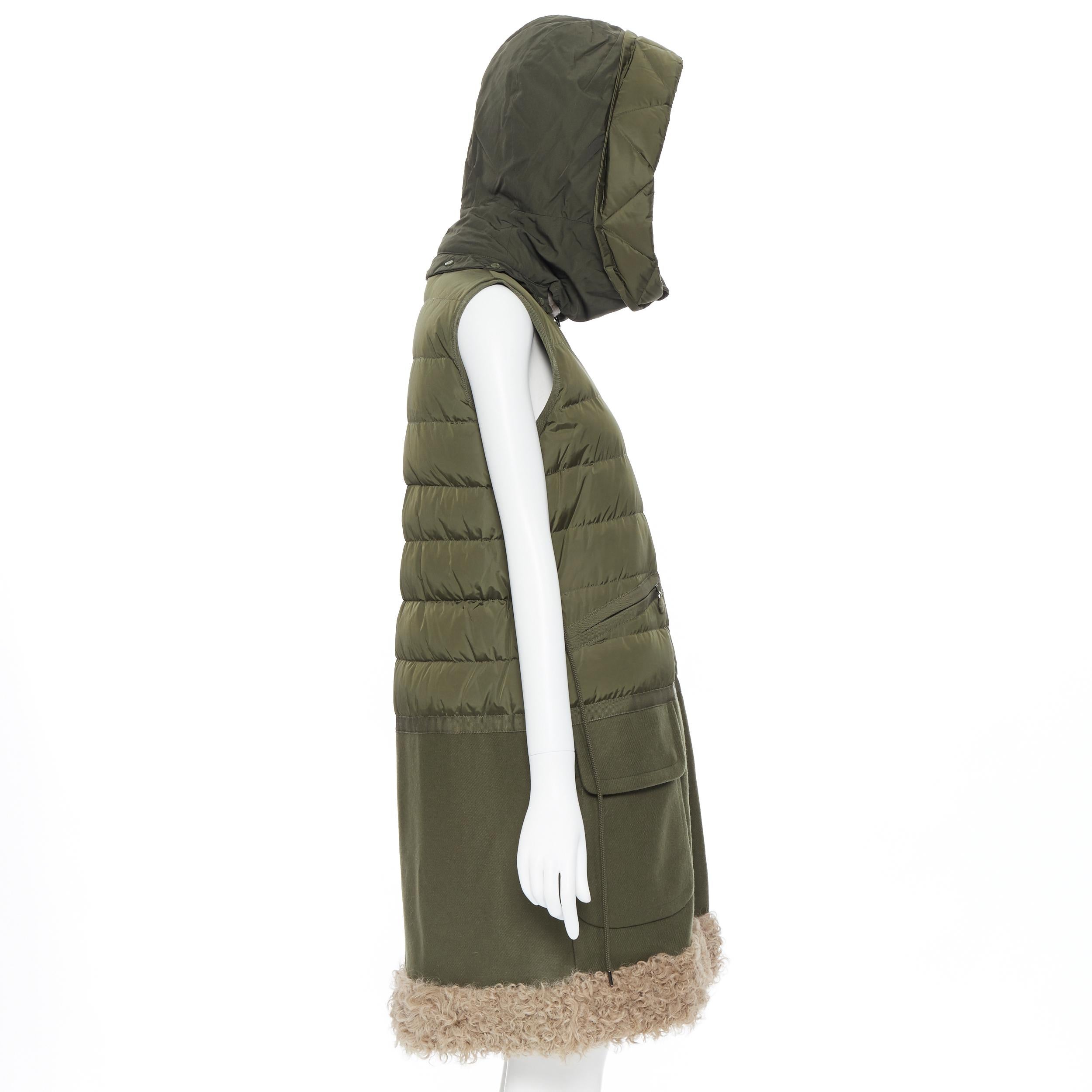 Gray MONCLER Anne Giubbotto military green down padded shearling trim hooded vest S