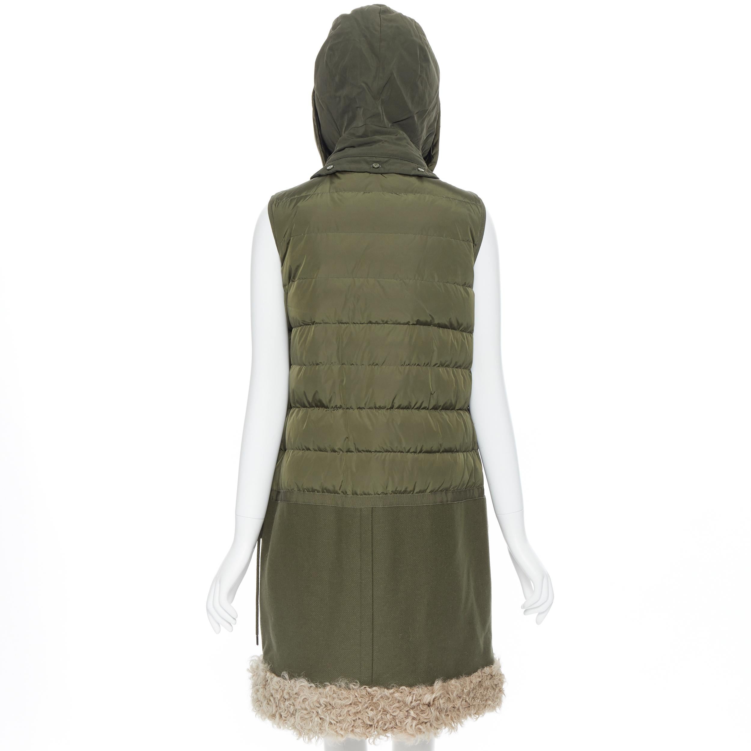 MONCLER Anne Giubbotto military green down padded shearling trim hooded vest S In Excellent Condition In Hong Kong, NT
