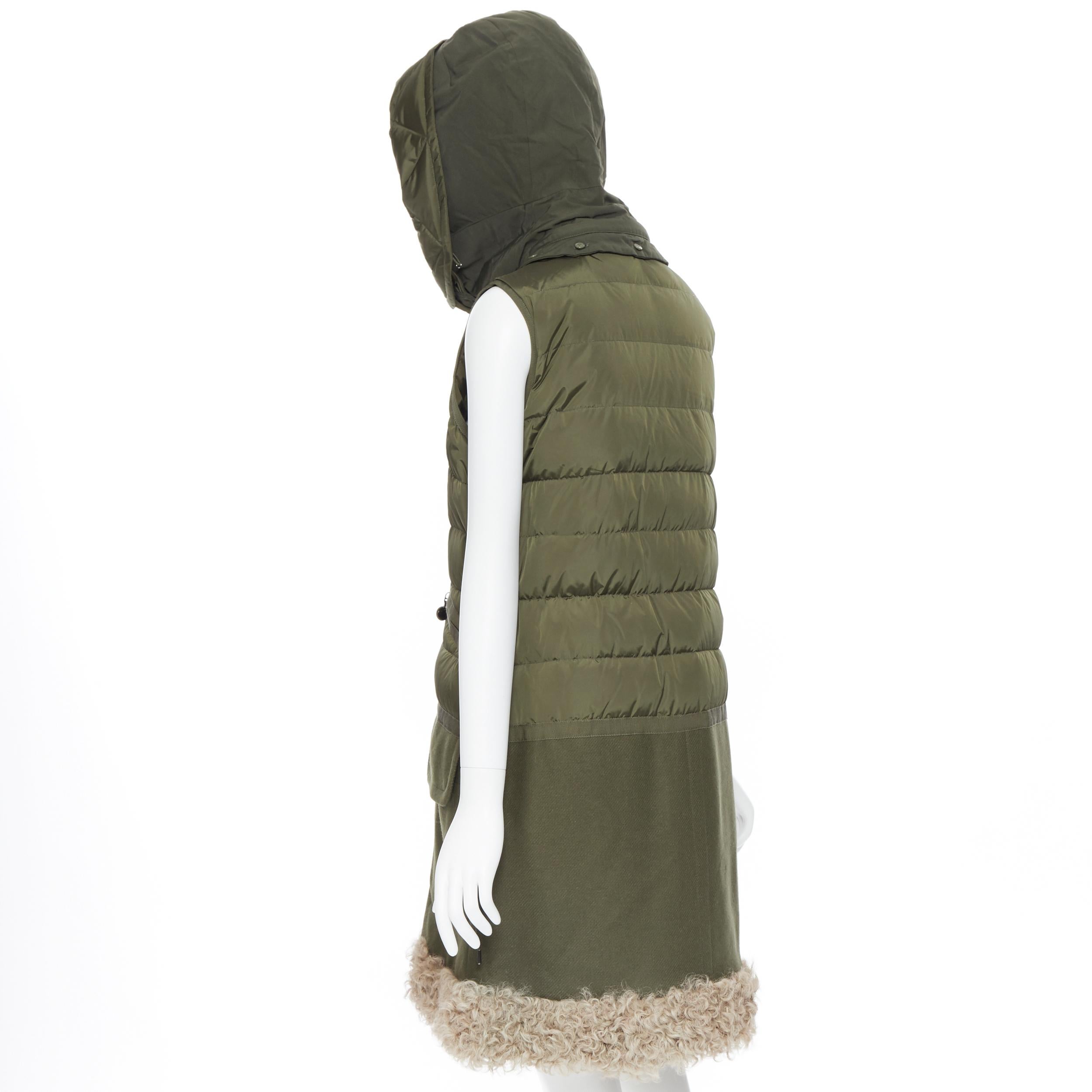 Women's MONCLER Anne Giubbotto military green down padded shearling trim hooded vest S