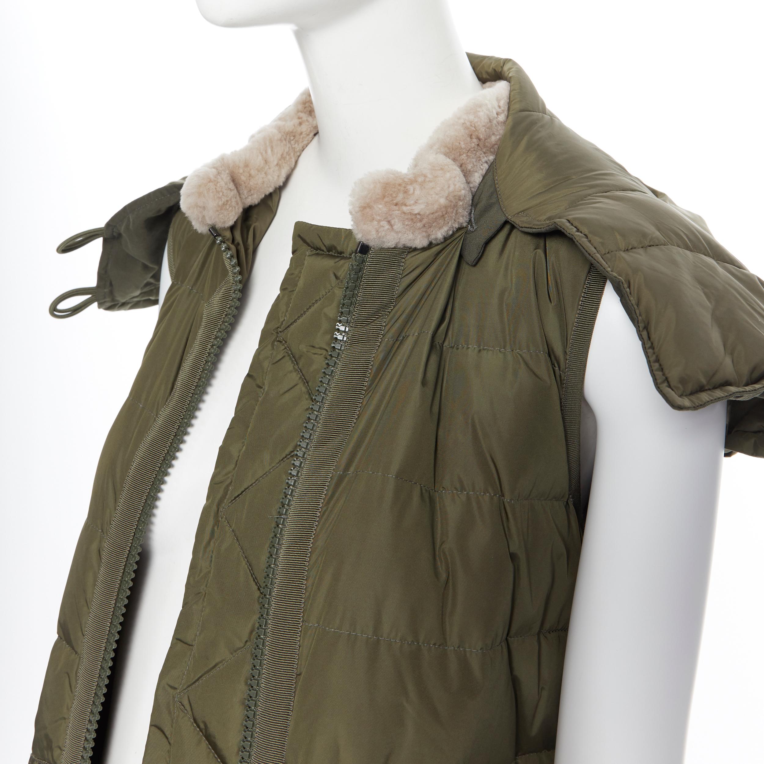 MONCLER Anne Giubbotto military green down padded shearling trim hooded vest S 1
