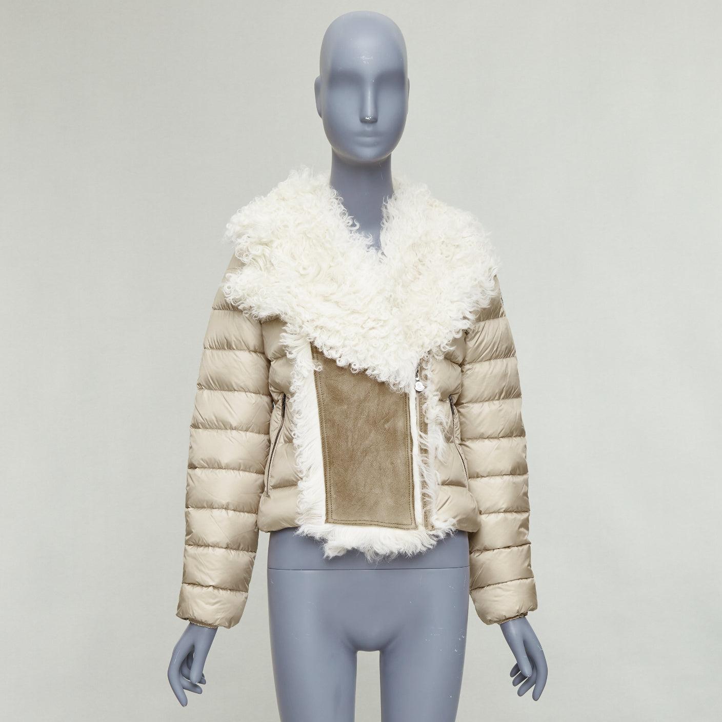 MONCLER beige dyed sheep shearling lamb leather goose down jacket 14Y XS For Sale 5