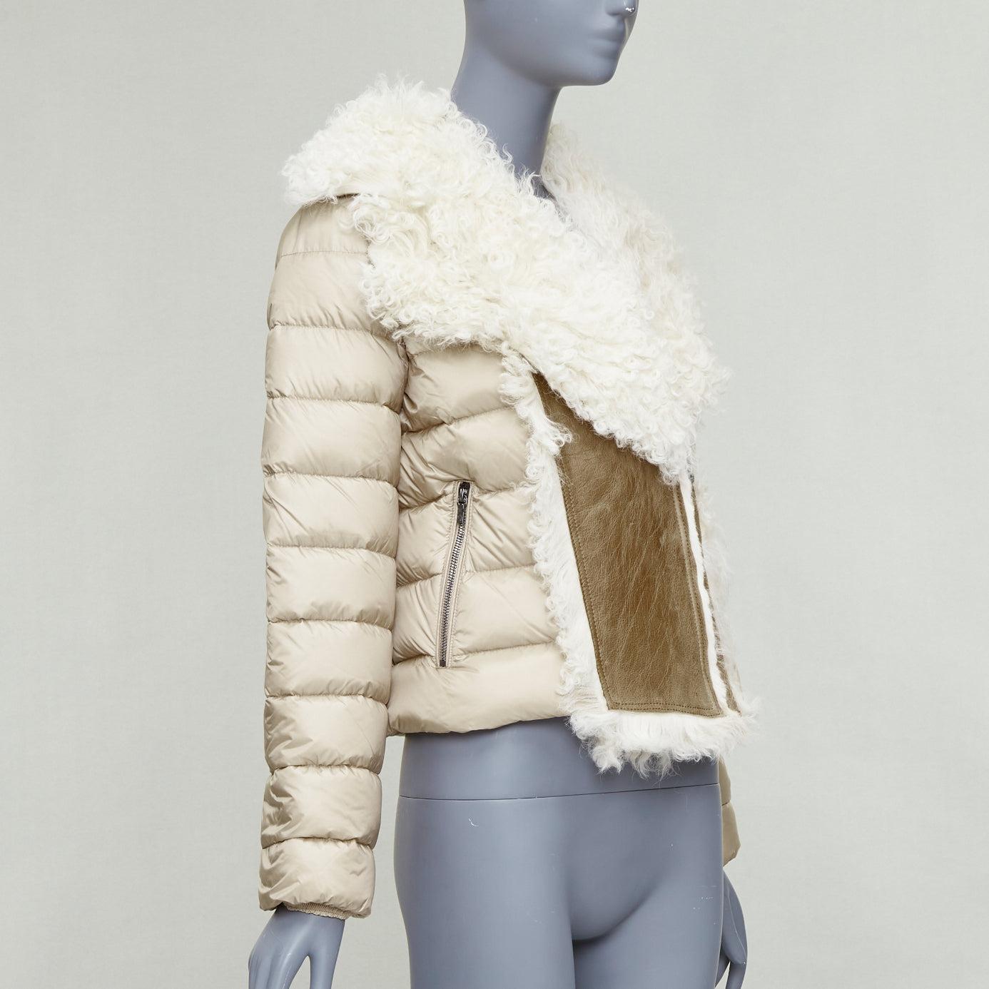MONCLER beige dyed sheep shearling lamb leather goose down jacket 14Y XS In Good Condition For Sale In Hong Kong, NT
