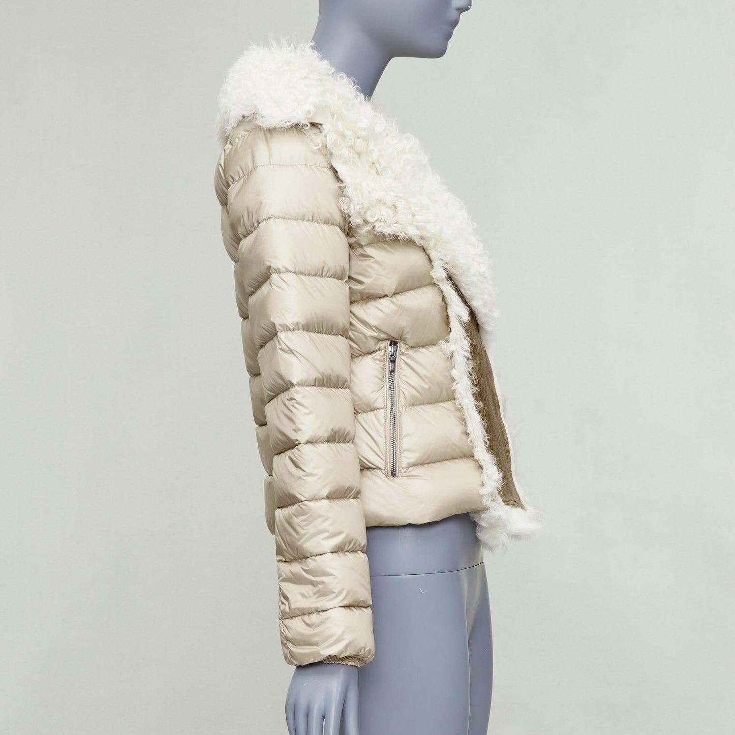 Women's MONCLER beige dyed sheep shearling lamb leather goose down jacket 14Y XS For Sale