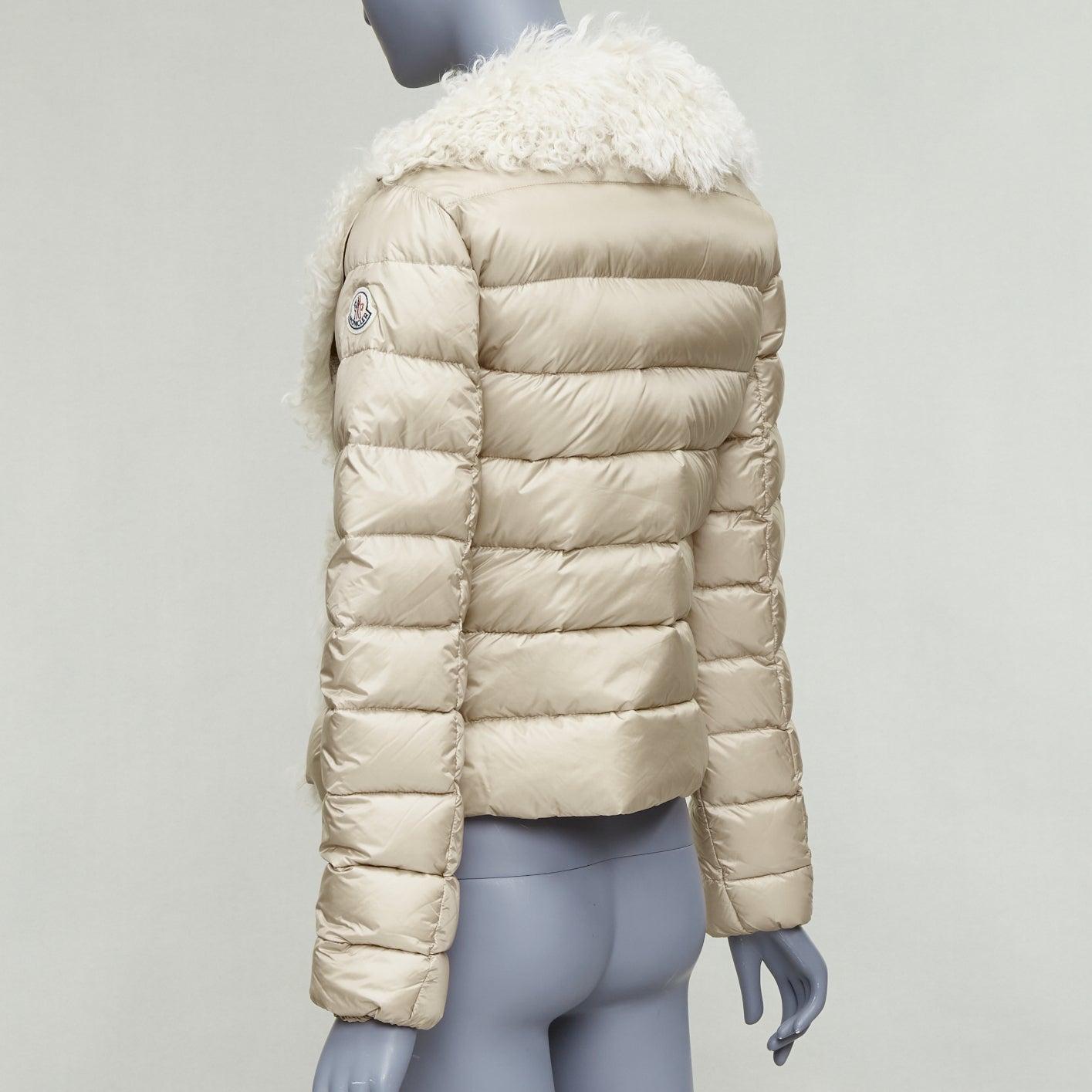 MONCLER beige dyed sheep shearling lamb leather goose down jacket 14Y XS For Sale 2