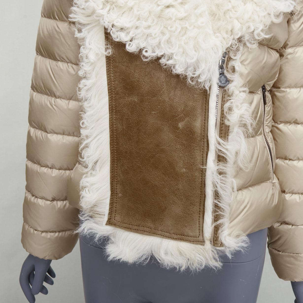 MONCLER beige dyed sheep shearling lamb leather goose down jacket 14Y XS For Sale 3