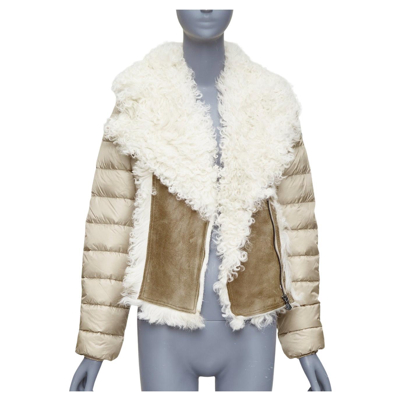 MONCLER beige dyed sheep shearling lamb leather goose down jacket 14Y XS For Sale