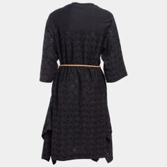 Moncler Black Broderie Anglaise Embroidered Cotton Asymmetric Midi Dress XS