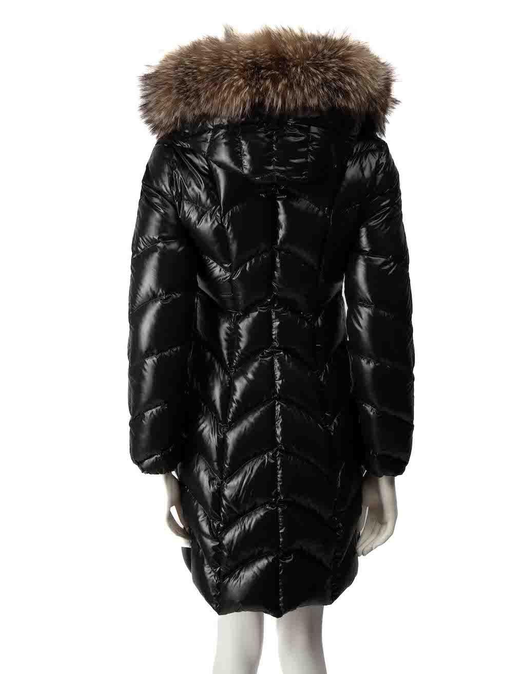 Moncler Black Glossed Fur Trim Hooded Puffer Coat Size XS In Good Condition In London, GB
