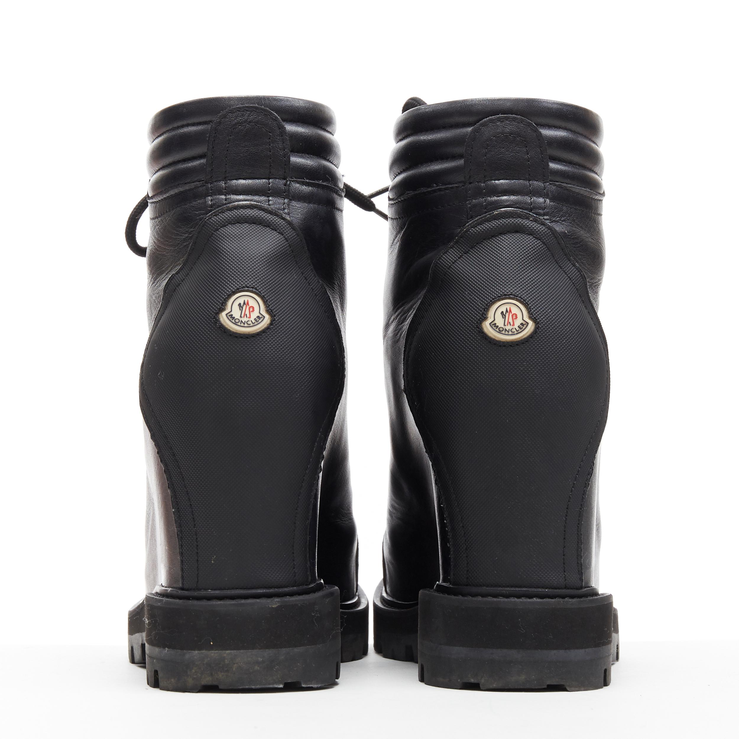 Black MONCLER black leather concealed high heel wedge paltform hiking ankle boot EU38