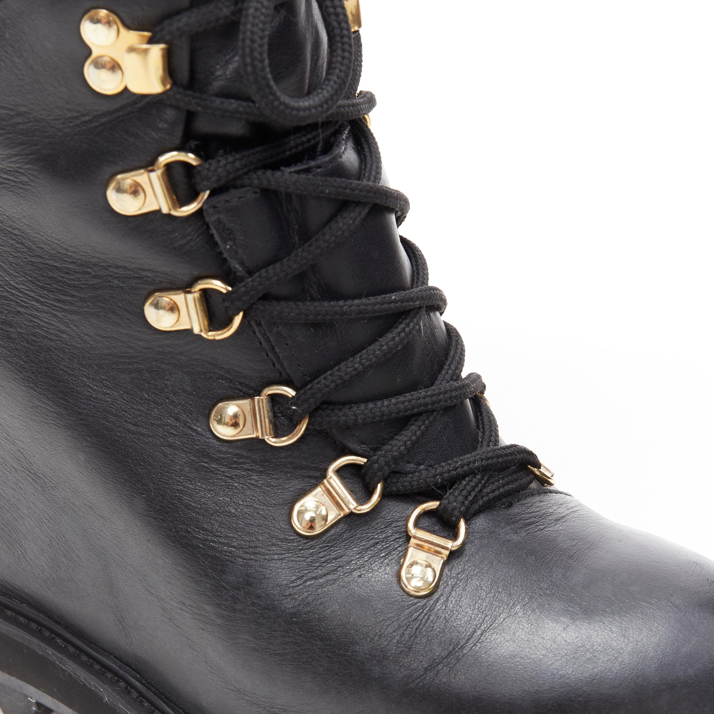 MONCLER black leather concealed high heel wedge paltform hiking ankle boot EU38 1