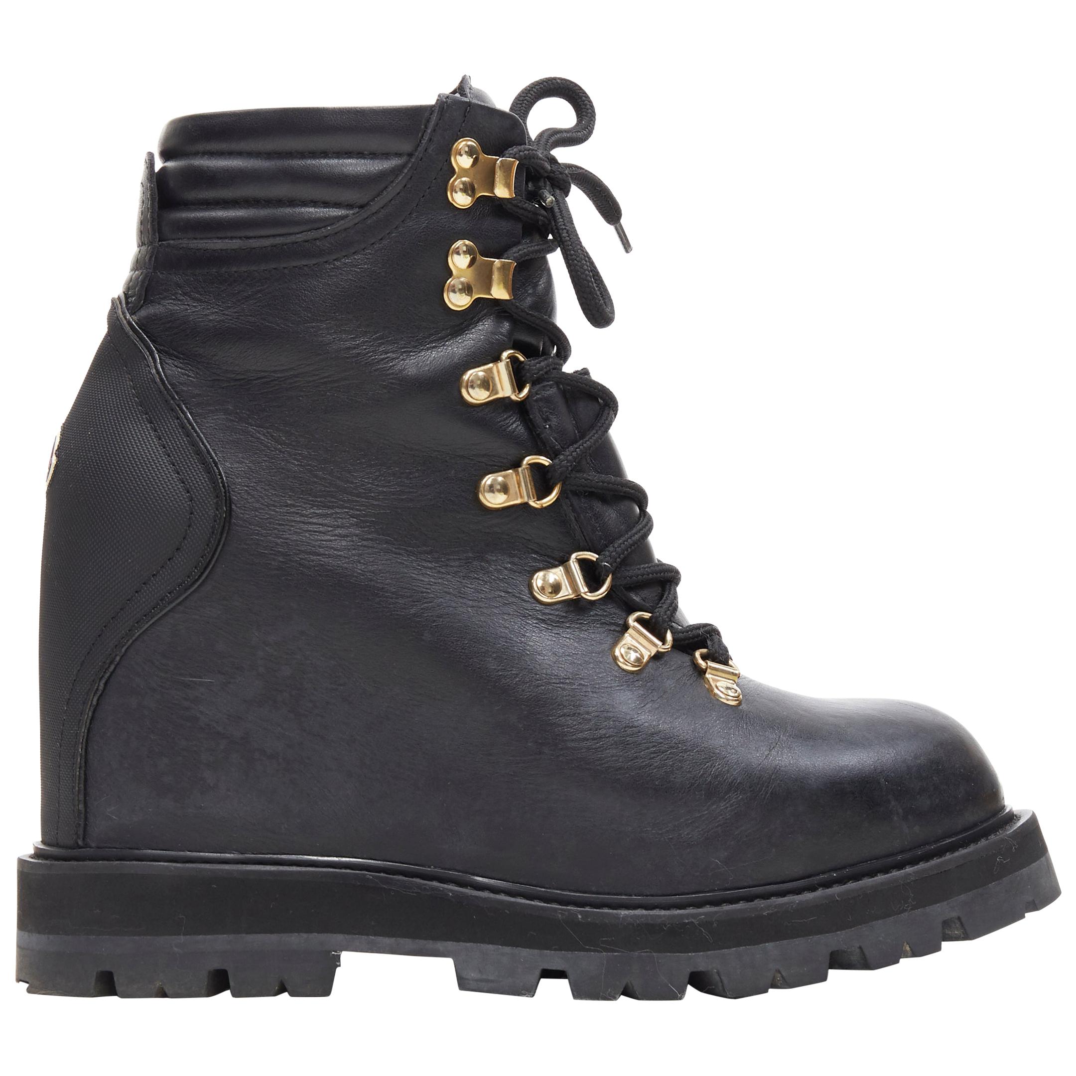 MONCLER black leather concealed high heel wedge paltform hiking ankle boot EU38