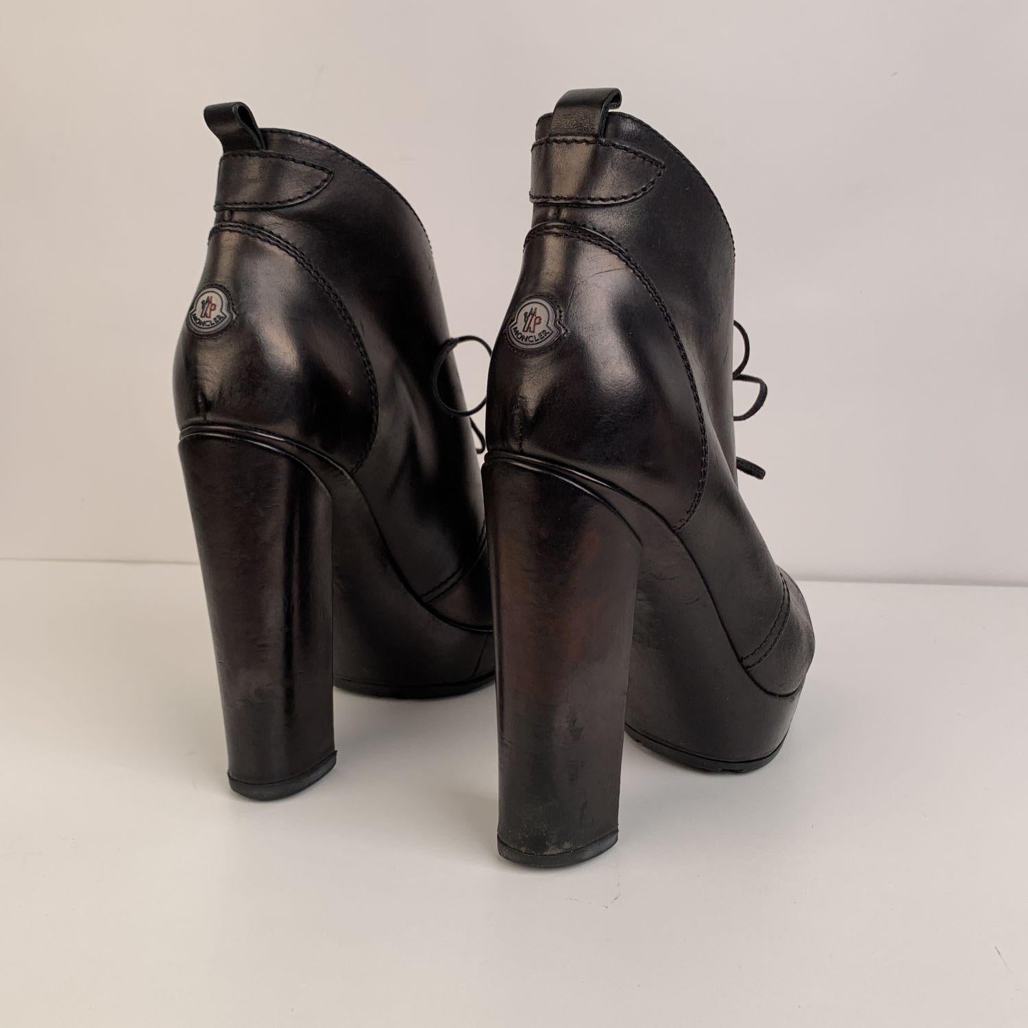 Women's Moncler Black Leather Heeled Lace Up Ankle Boots Size 39