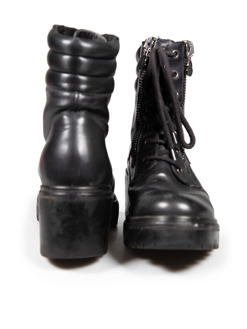 Moncler Black Leather Mid Heel Combat Boots Size IT 39 In Good Condition In London, GB