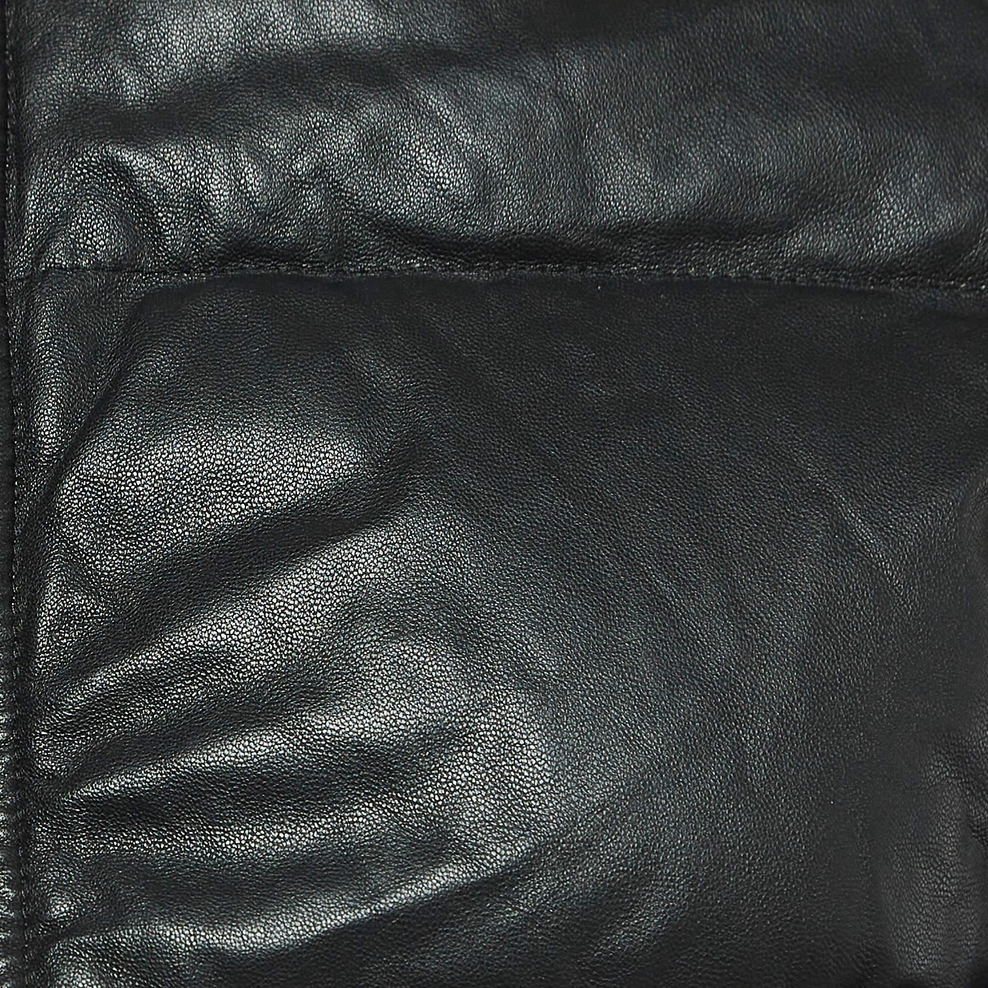 Women's Moncler Black Logo Applique Leather Trim Nylon Zipper Puffer Jacket S