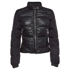 Used Moncler Black Logo Applique Leather Trim Nylon Zipper Puffer Jacket S