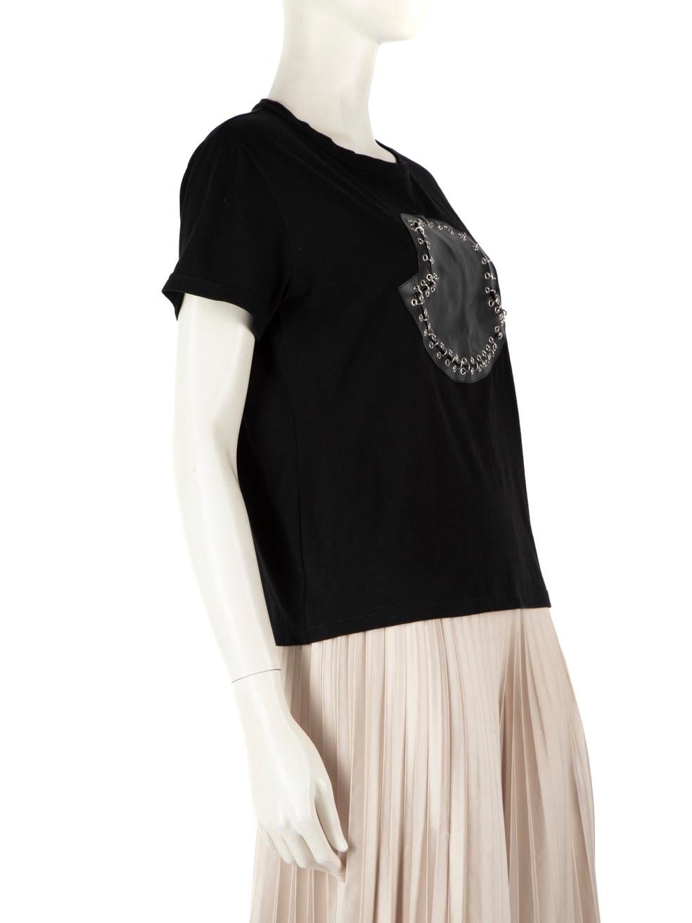 CONDITION is Very good. Minimal wear to the t-shirt is evident. Discolouration on the designer label inside of the back neckline on this used Moncler designer resale item.
  
  
  
  Details
  
  
  Black
  
  Cotton
  
  T-shirt
  
  Faux leather