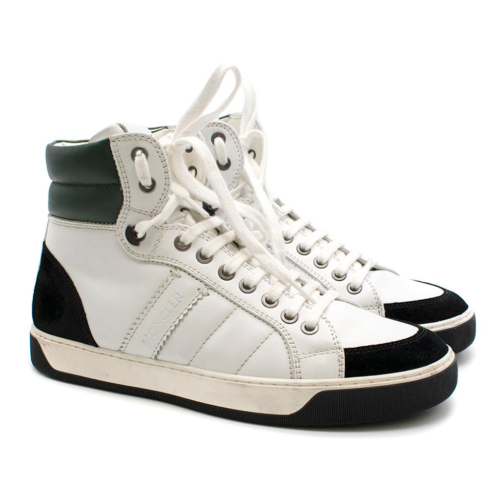 Moncler Black & White Leather & Suede High Top Sneakers

- White Leather Body
- Green & black leather and suede patches
- Lace-up
- Rough grip on sole 
- Box included

Please note, these items are pre-owned and may show signs of being stored even