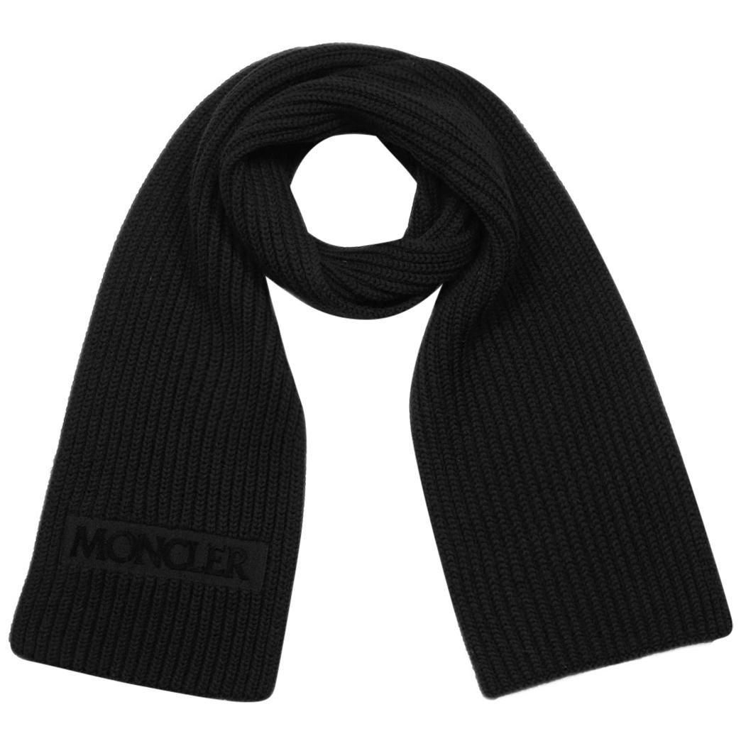 Moncler Unisex Black Wool Ribbed Knit Scarf w/ Velvet Logo Patch rt. $685