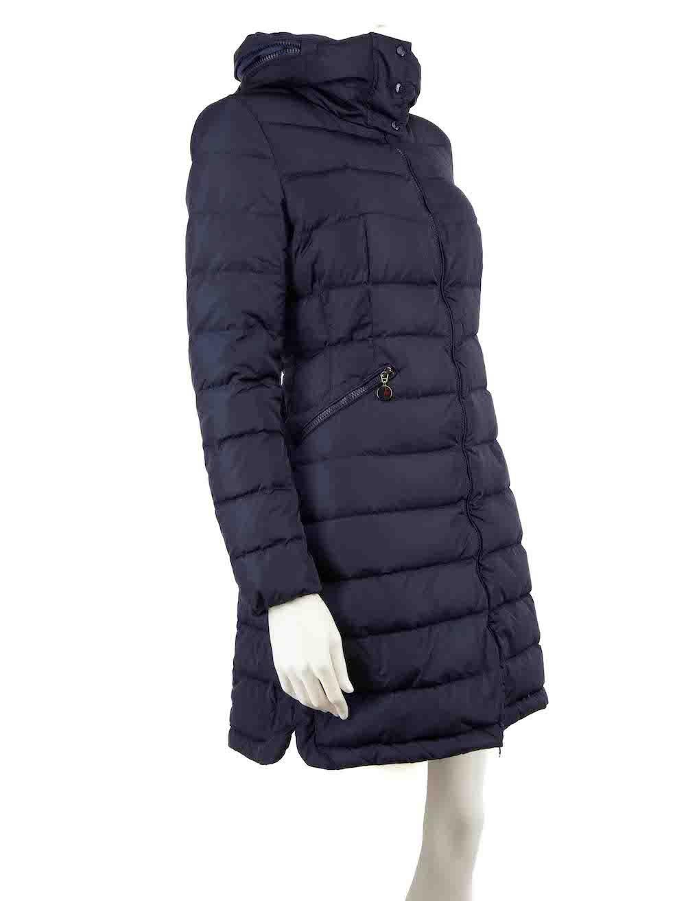 CONDITION is Very good. Minimal wear to coat is evident. Minimal wear to the left sleeve with a pluck to the stitching on this used Moncler designer resale item.
 
 Details
 Blue
 Synthetic
 Down coat
 Mid length
 Quilted
 Down feather filling

