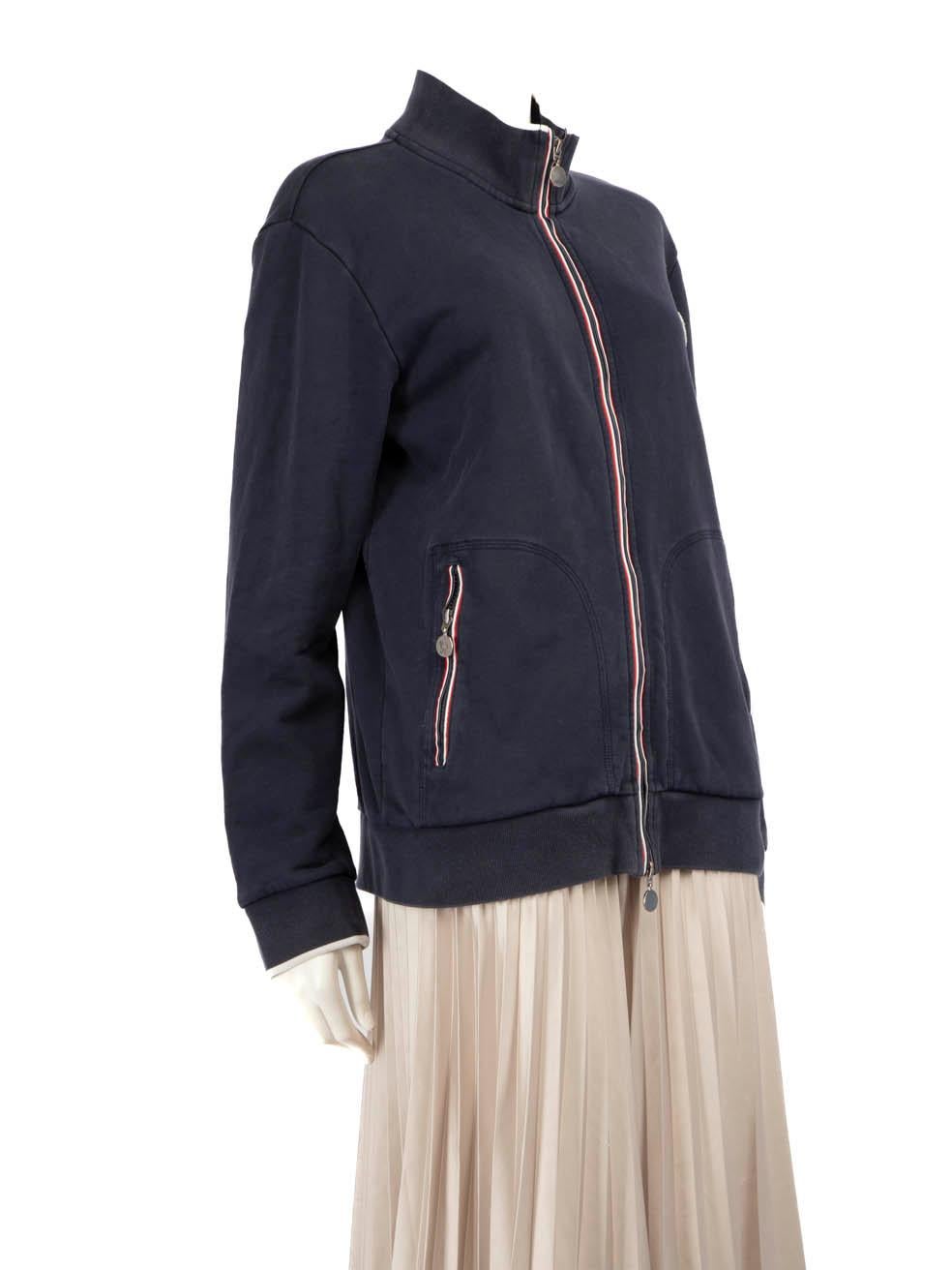 CONDITION is Good. General wear sweatshirt is evident. Overall discolouration of the garment due to general use, scratches and print is wearing off the zipper on this used Moncler designer resale item.
  
  
  
  Details
  
  
  Blue
  
  Cotton
  
