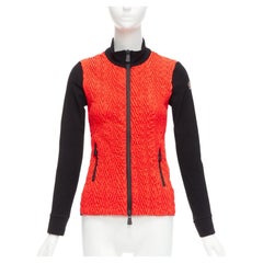 MONCLER bright red orange chevron plisse front logo arm zip fitted jacket XS